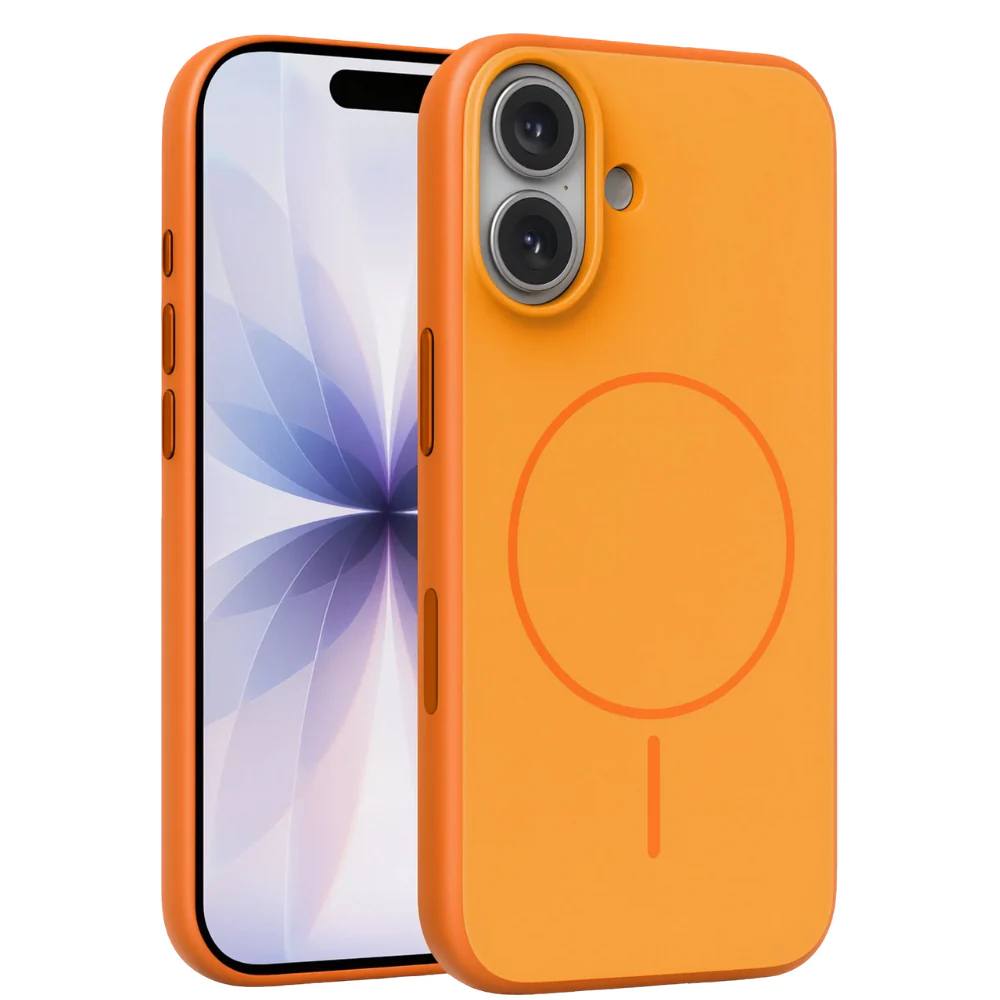 Arkada iki kamerası ve manyetik halkası olan turuncu bir iPhone kılıfı.