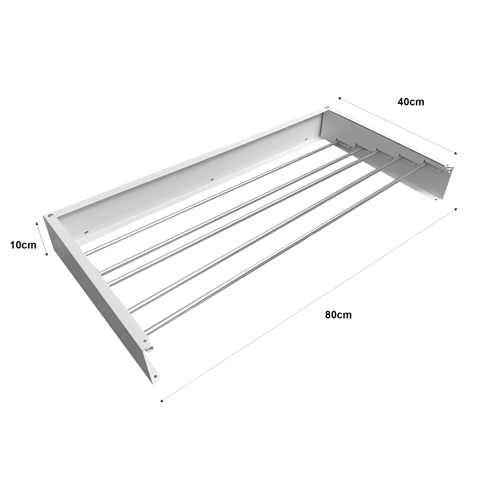 Un tendedero de pared blanco, 80cm de largo, 40cm de ancho, 10cm de profundidad.