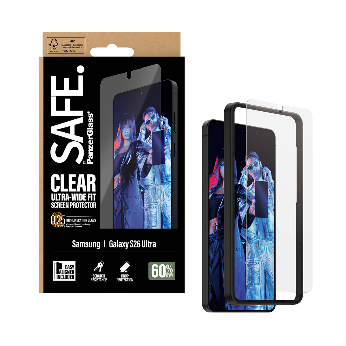 Confezione di una protezione schermo SAFE. PanzerGlass trasparente per Samsung Galaxy S26 Ultra.