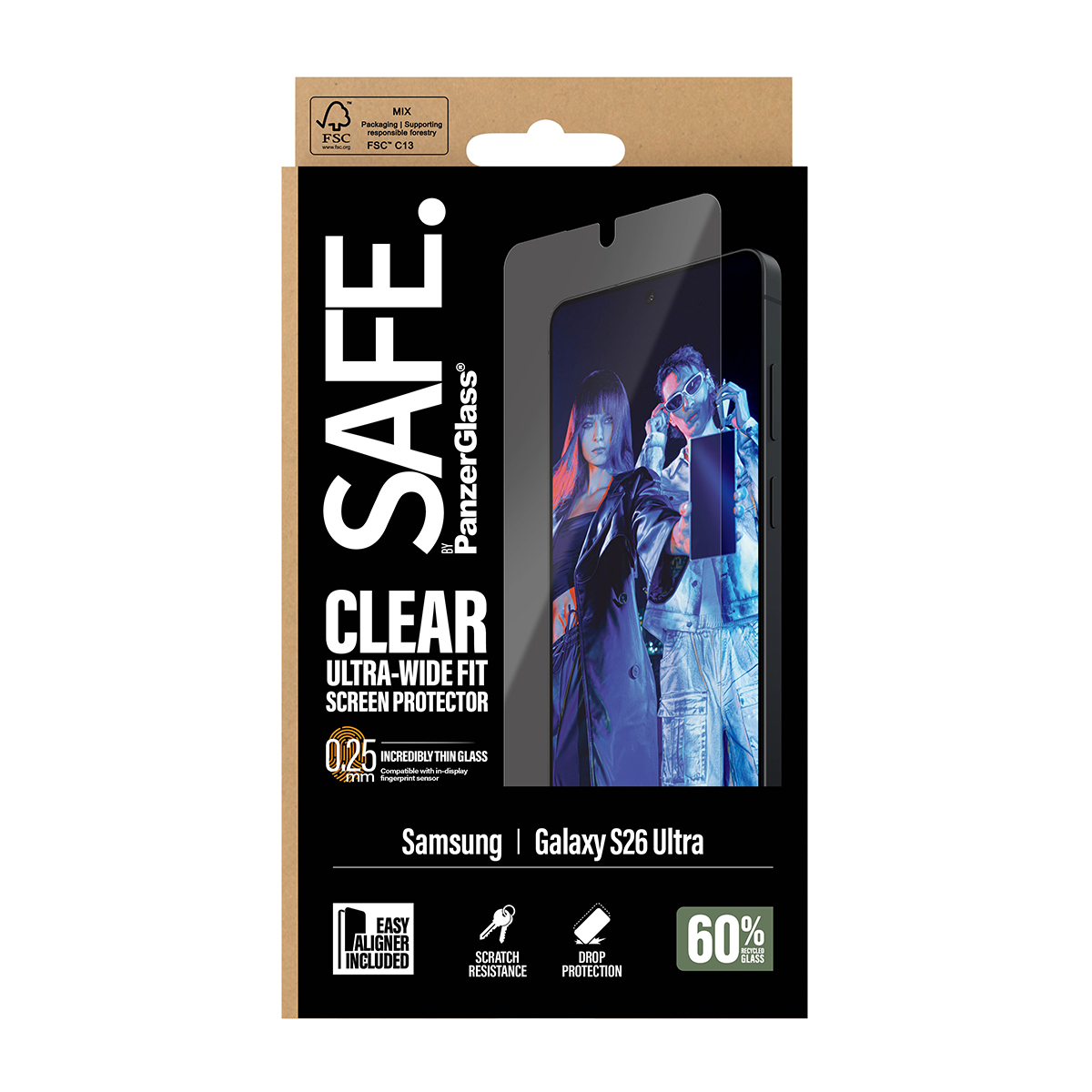 Confezione protettore schermo SAFE. PanzerGlass Clear Ultra-Wide Fit per Samsung Galaxy S26 Ultra.