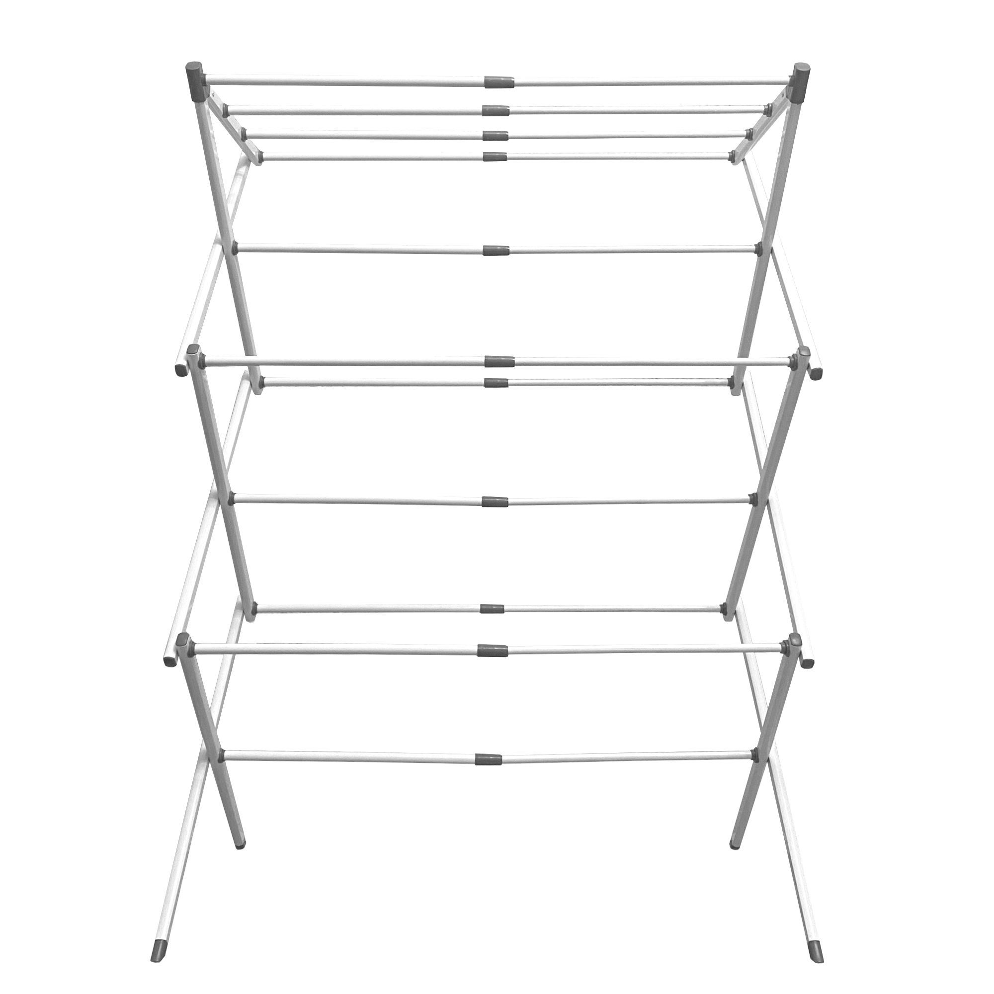 Un tendedero plegable de metal con tres niveles.
