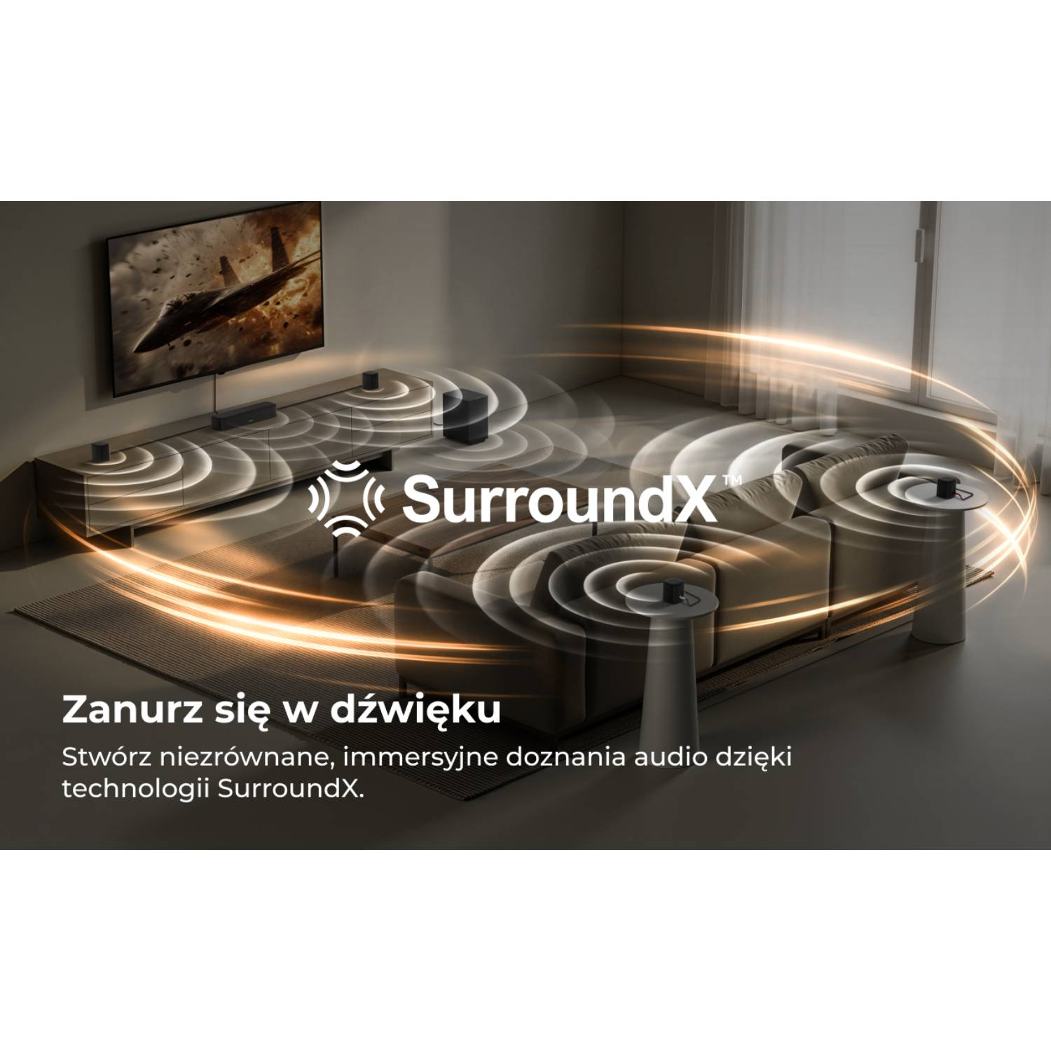 Salon z telewizorem, sofą i głośnikami emitującymi fale dźwiękowe.