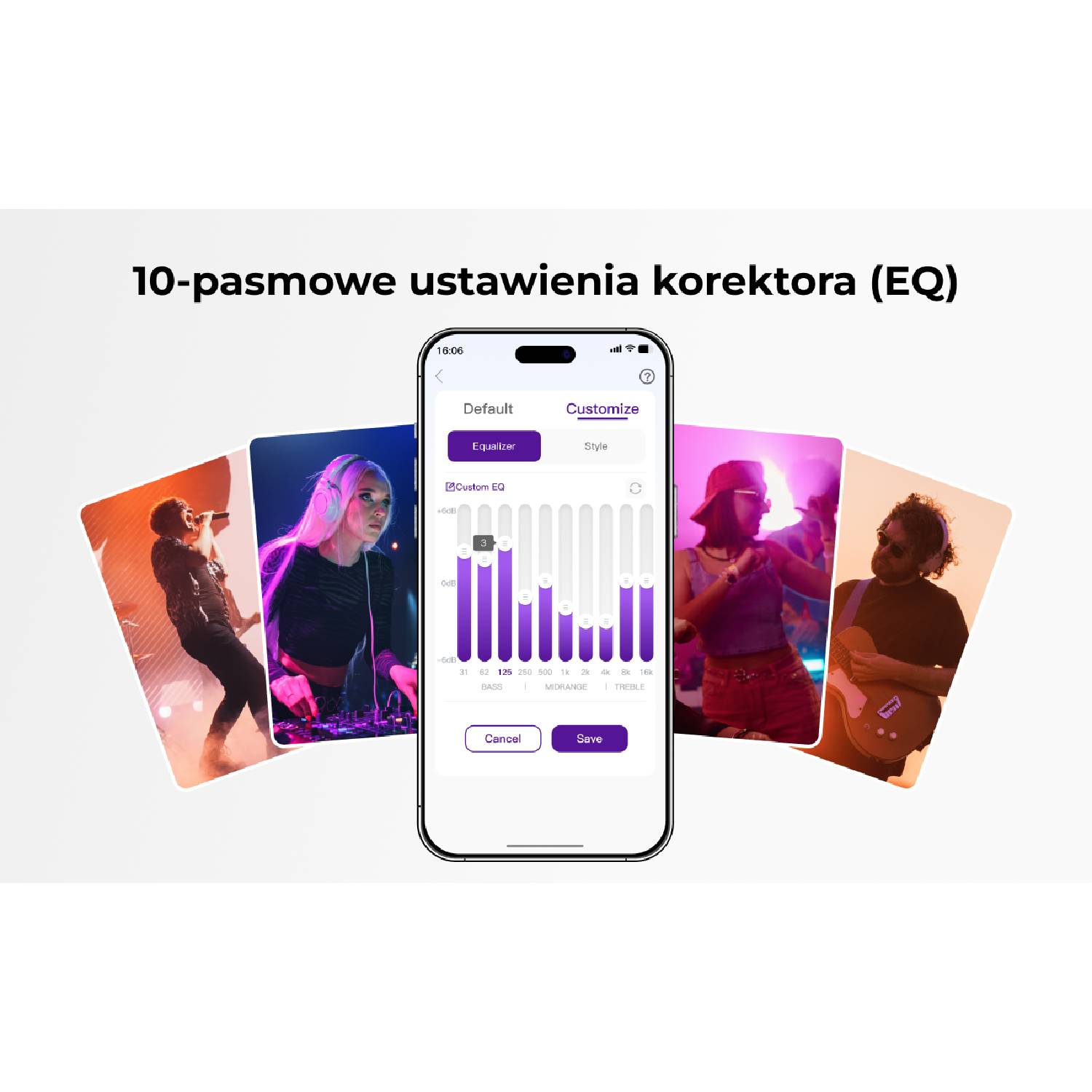 Smartfon wyświetla korektor graficzny z wykresami słupkowymi i muzykami w tle.
