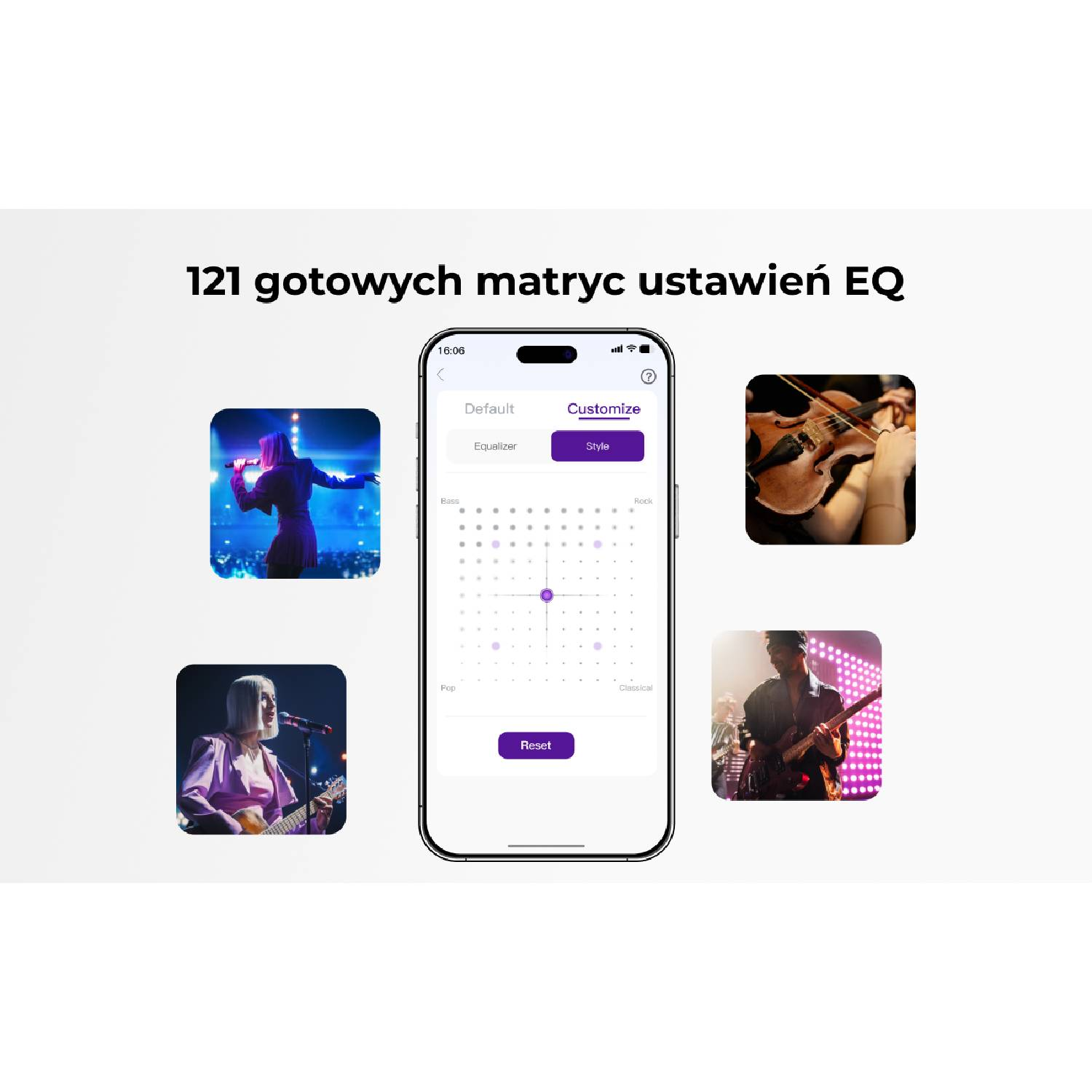 Telefon z ustawieniami korektora, otoczony zdjęciami muzyków i instrumentów.