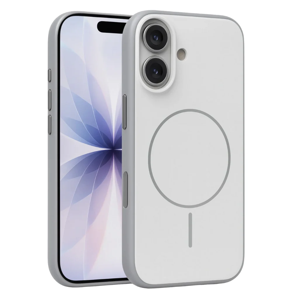 Gri kılıflı beyaz telefon ve iki kamera.