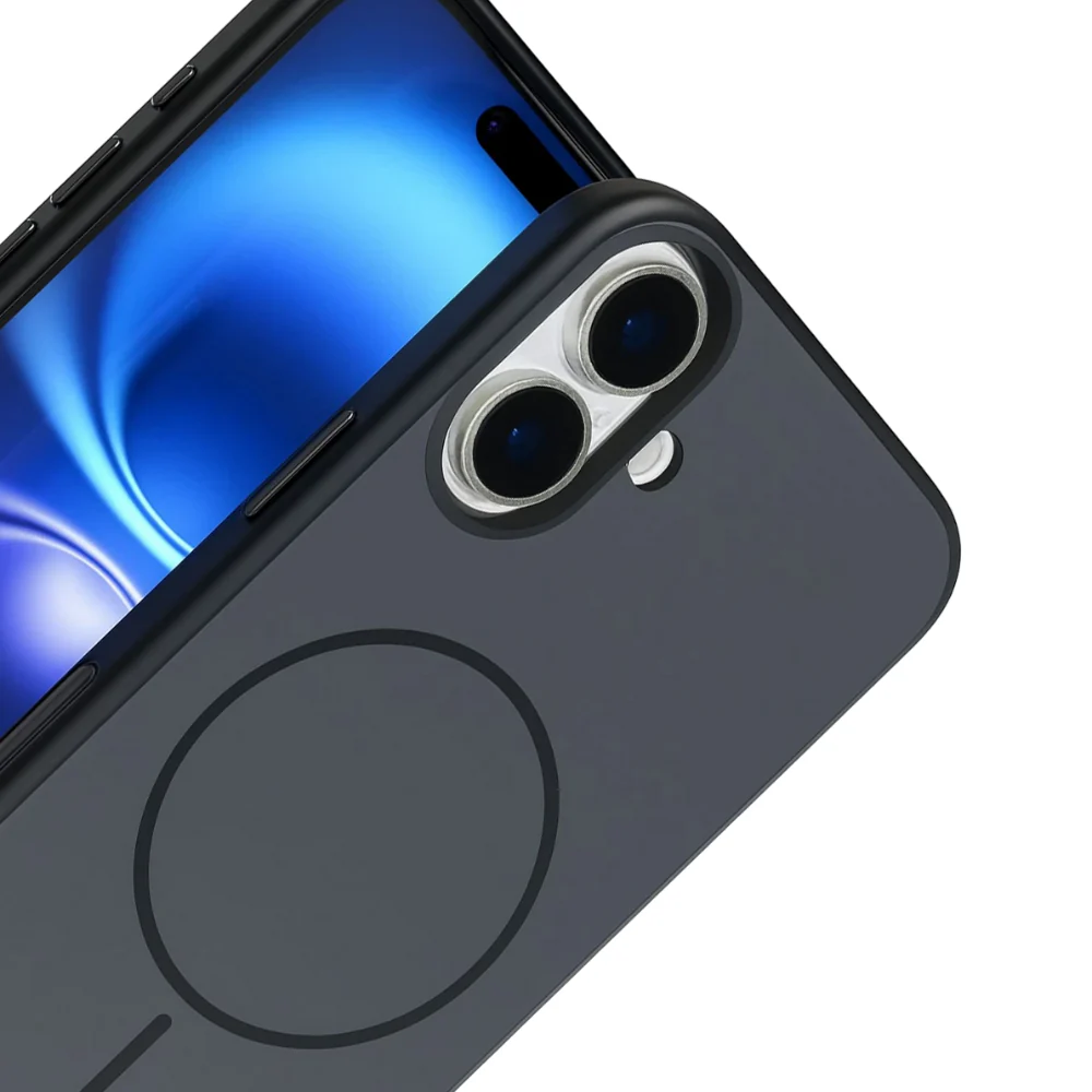İki kamera lensli ve yuvarlak mıknatıslı koyu gri telefon kılıfı.