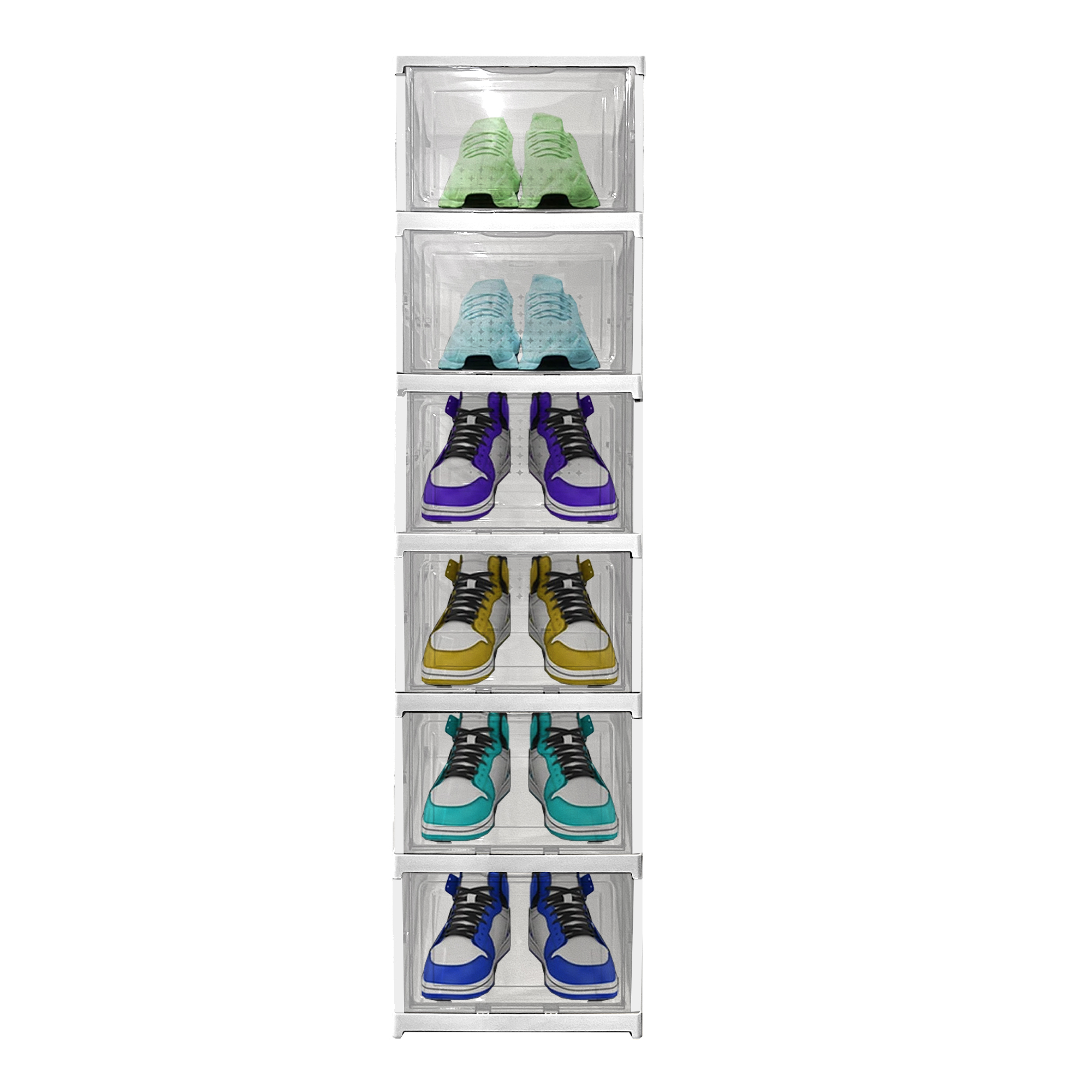 Seis cajas de zapatos transparentes con zapatillas en verde, azul, morado, amarillo, turquesa y azul.