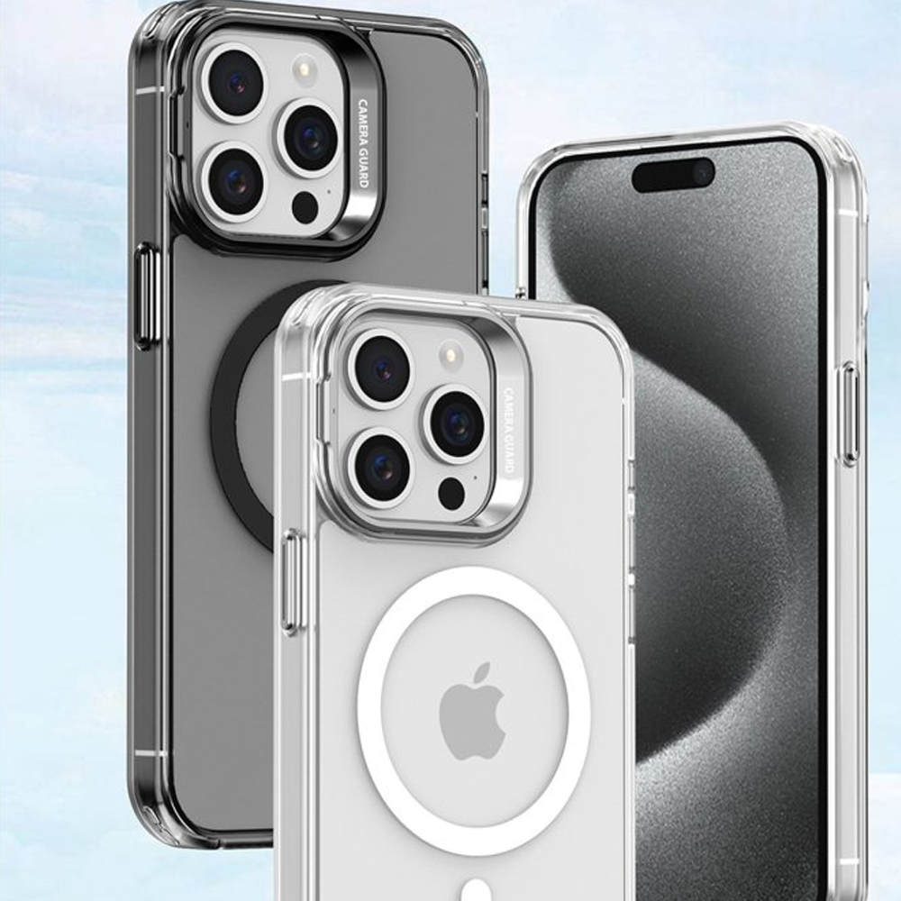 Kameralı ve Apple logolu iki şeffaf telefon kılıfı.