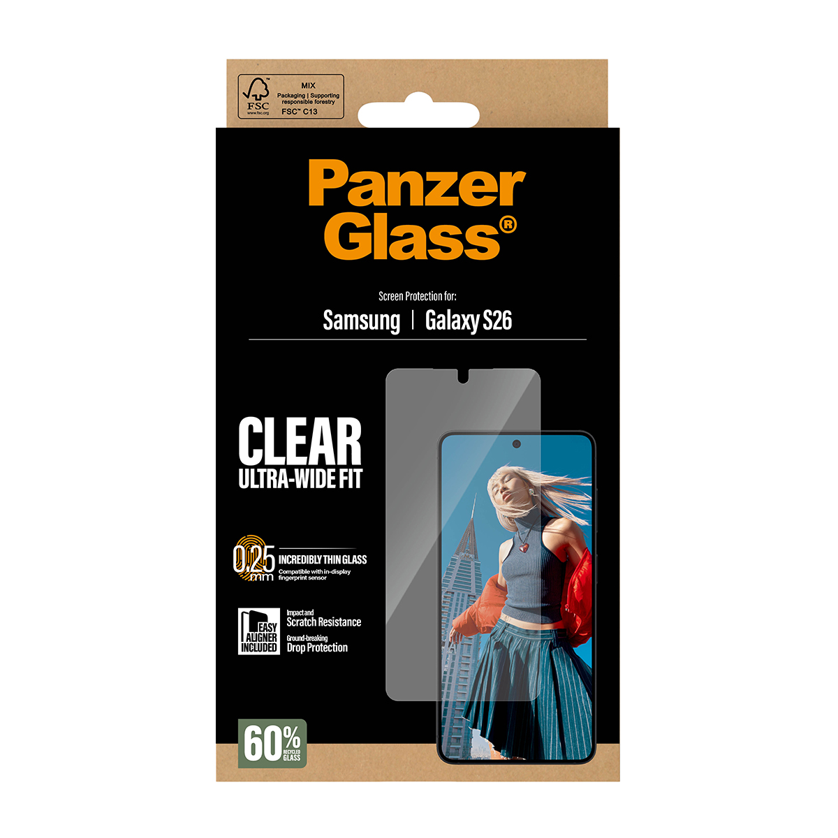 Samsung Galaxy S26 için Panzer Glass ekran koruyucu ambalajı, ekranda bir kadın gösteriliyor.