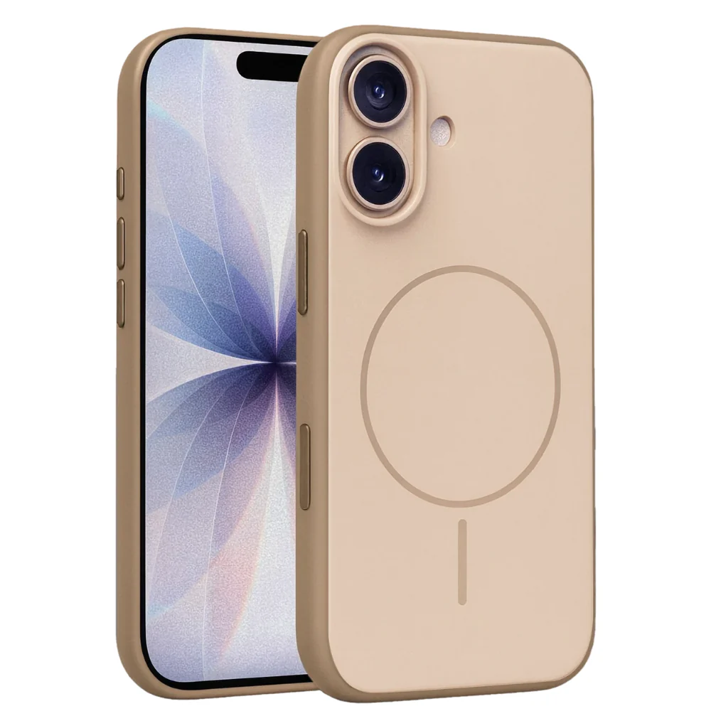 Kamera çıkıntılı ve manyetik halkalı altın rengi telefon kılıfı.