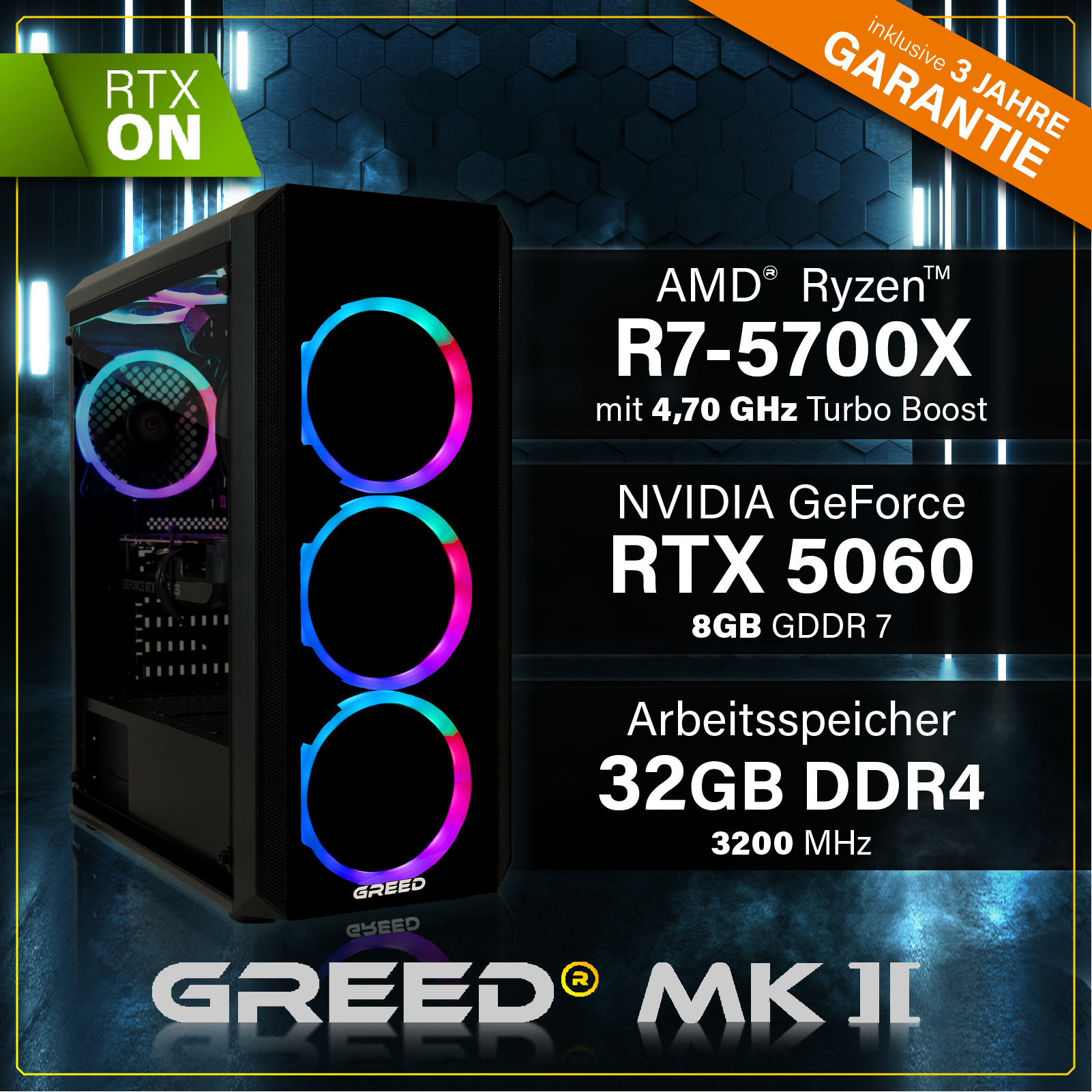 Obudowa PC z wentylatorami RGB i specyfikacjami: AMD Ryzen R7-5700X, RTX 5060.
