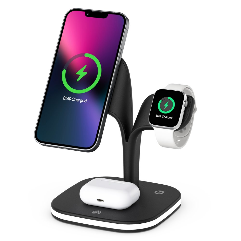 iPhone, Apple Watch ve AirPods tutan siyah şarj standı.