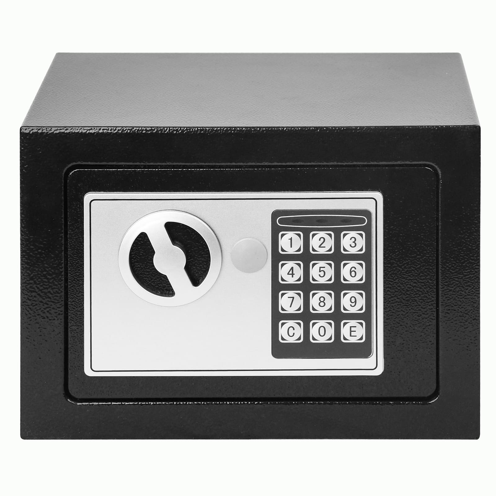 Una caja fuerte negra con teclado plateado y dial.
