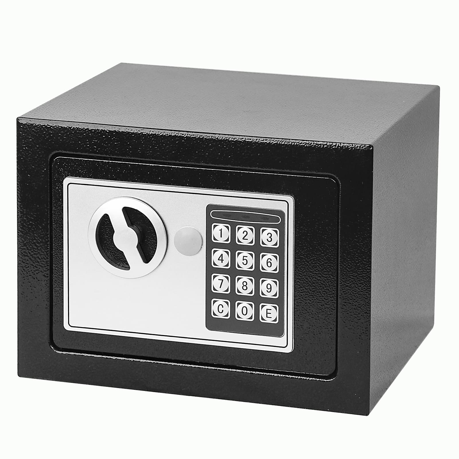 Una caja fuerte negra pequeña con teclado y pomo giratorio.