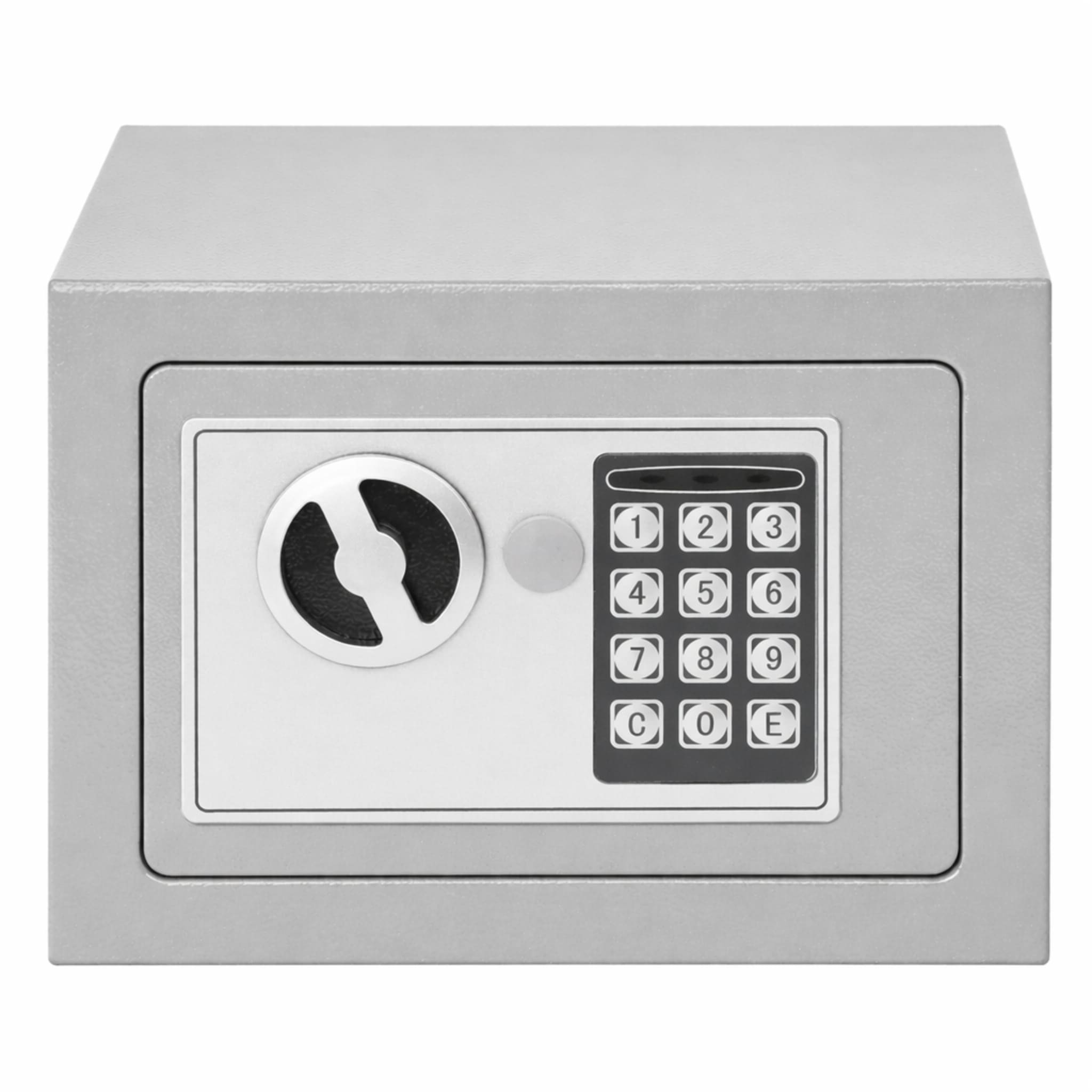 Una caja fuerte gris con teclado numérico y pomo redondo.