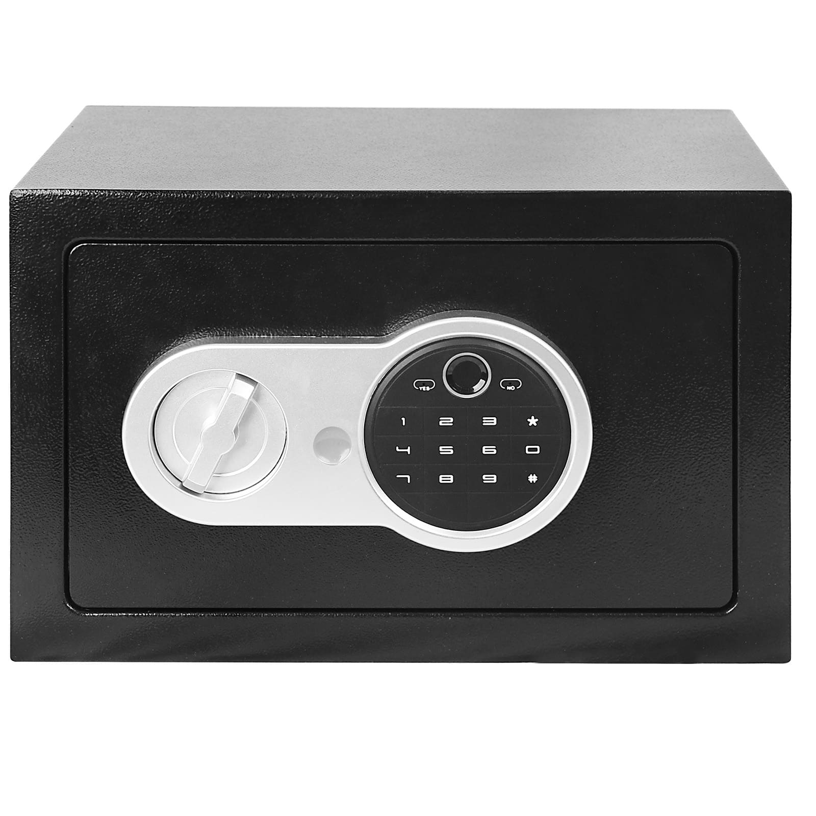 Caja fuerte negra con teclado plateado y dial.