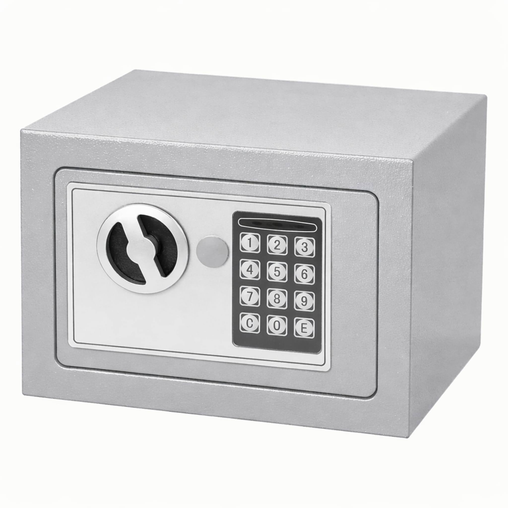 Una caja fuerte pequeña y gris con teclado digital y pomo giratorio.