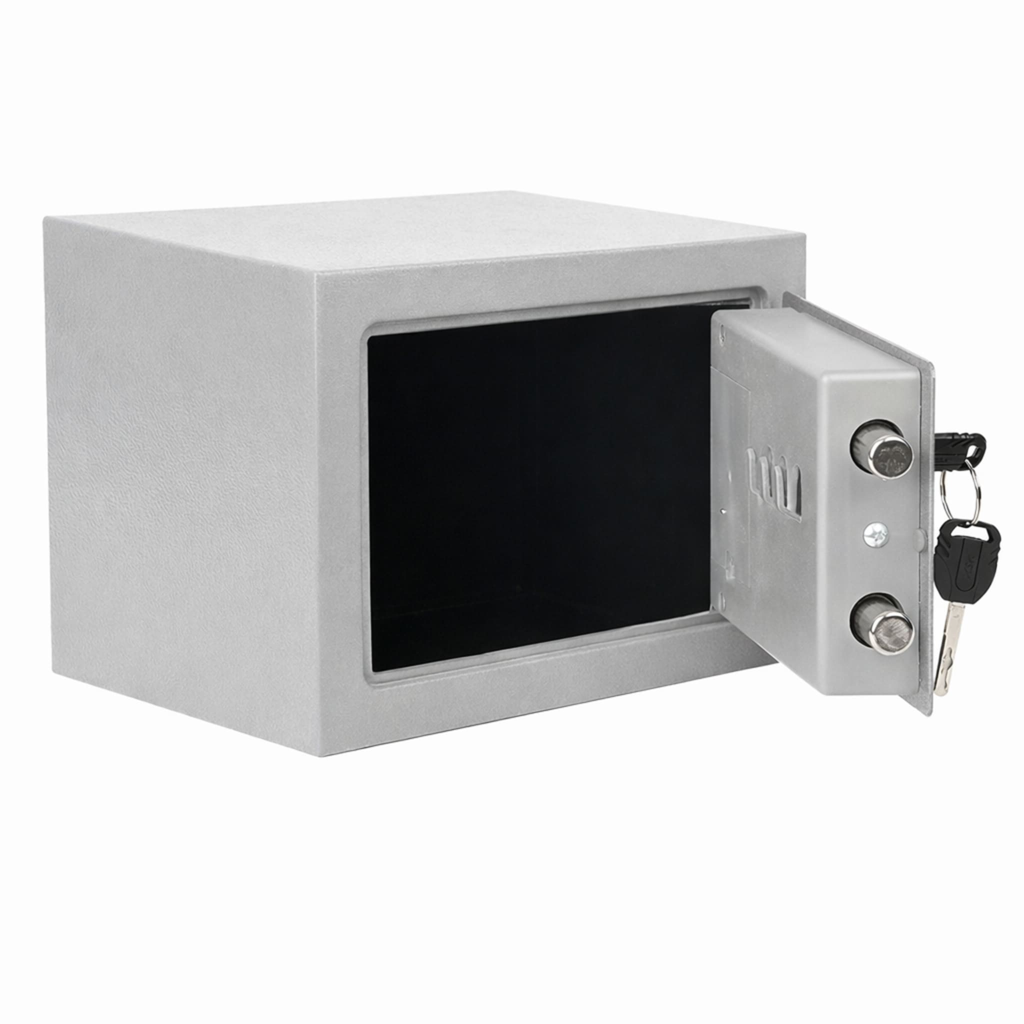 Una caja fuerte gris con la puerta abierta, mostrando dos llaves y dos cerraduras.