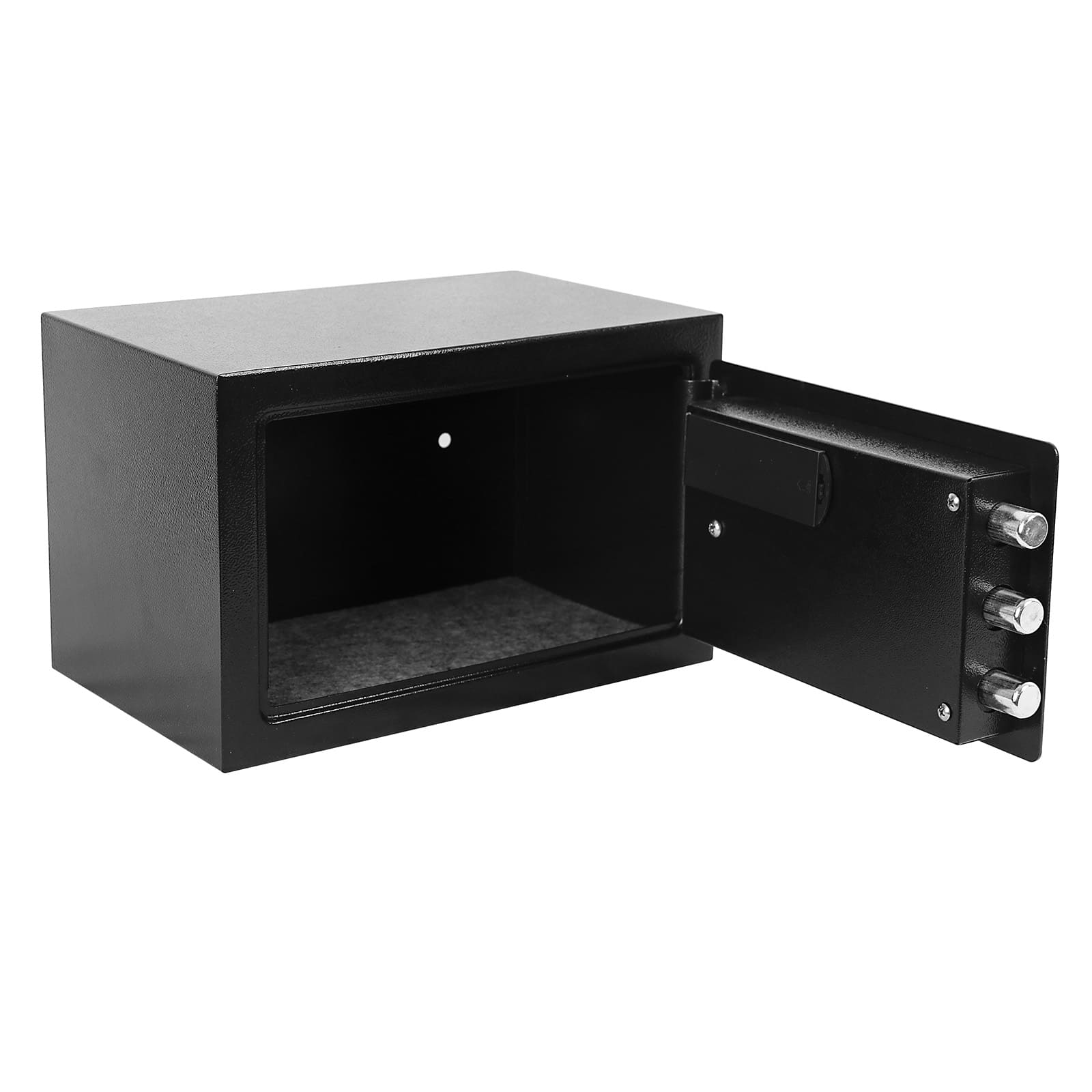Caja fuerte pequeña negra con la puerta abierta, mostrando los cerrojos.