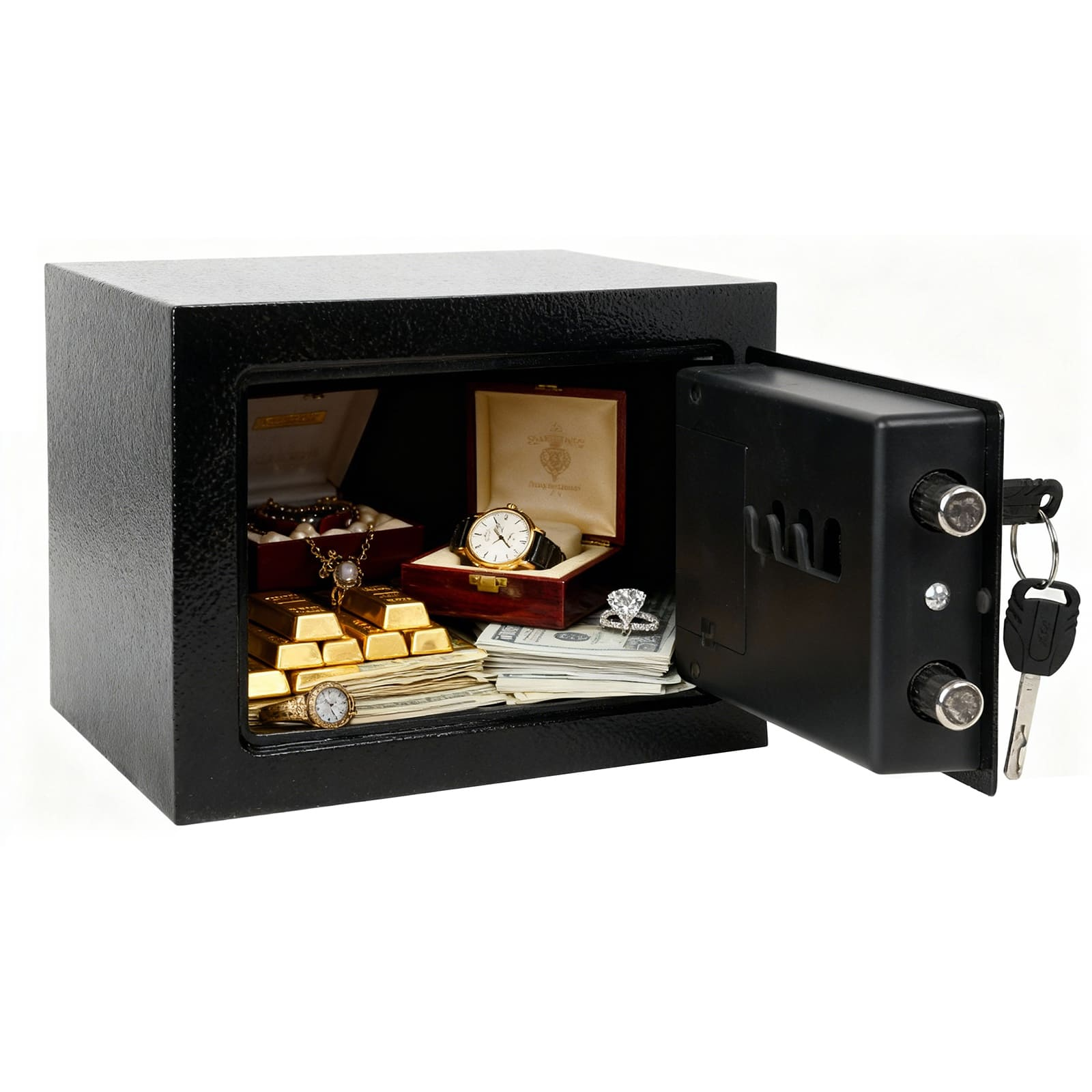 Una caja fuerte negra con la puerta abierta, llena de lingotes de oro, dinero y joyas.