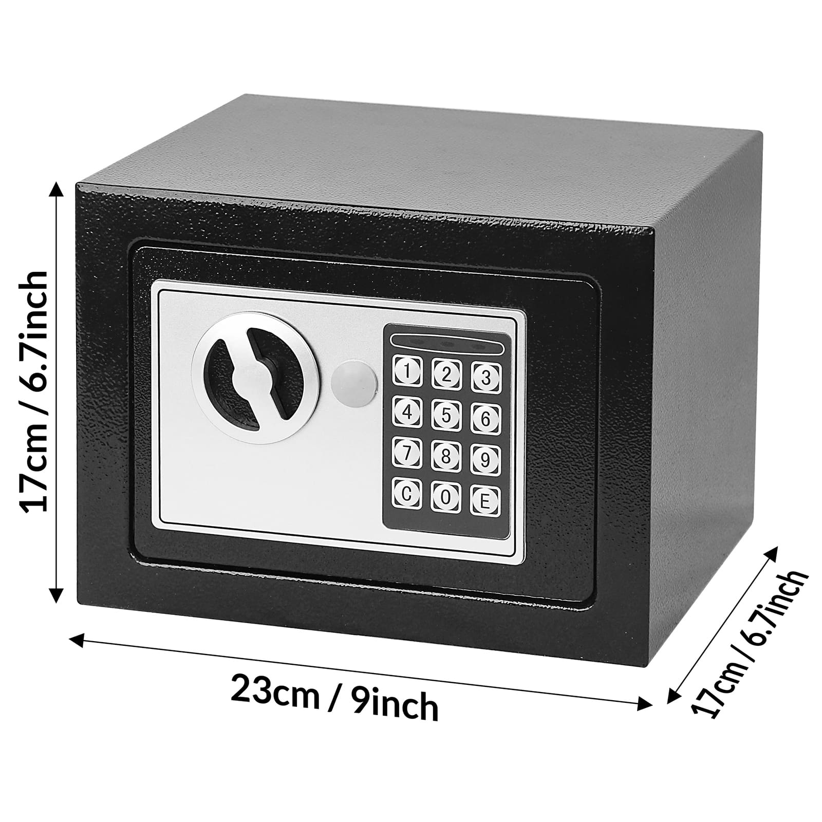 Caja fuerte negra con teclado digital y dial. Dimensiones 23x17x17cm.