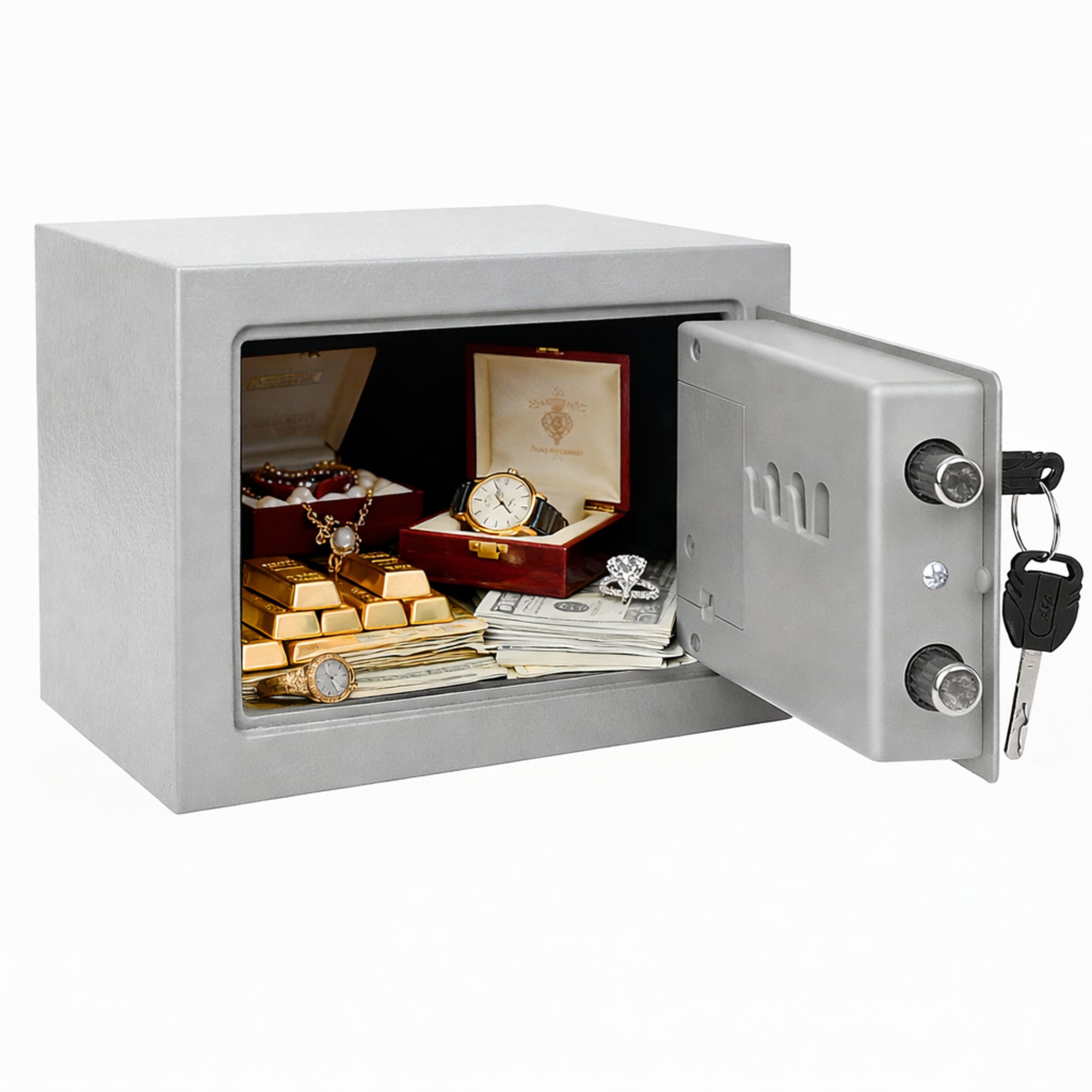 Caja fuerte abierta con lingotes de oro, joyas, dinero y llaves.