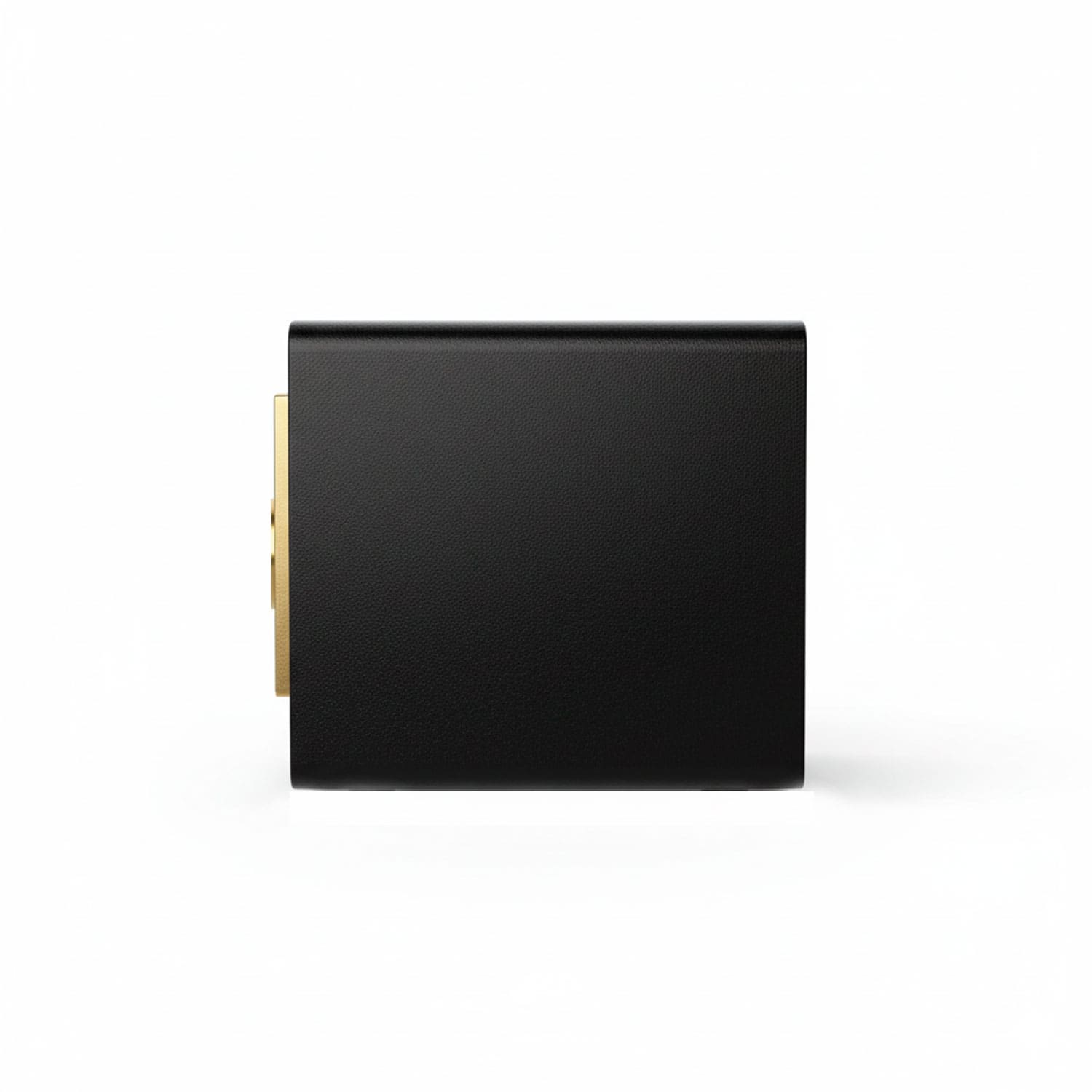 Dispositivo rectangular negro con controles dorados en el lado izquierdo.