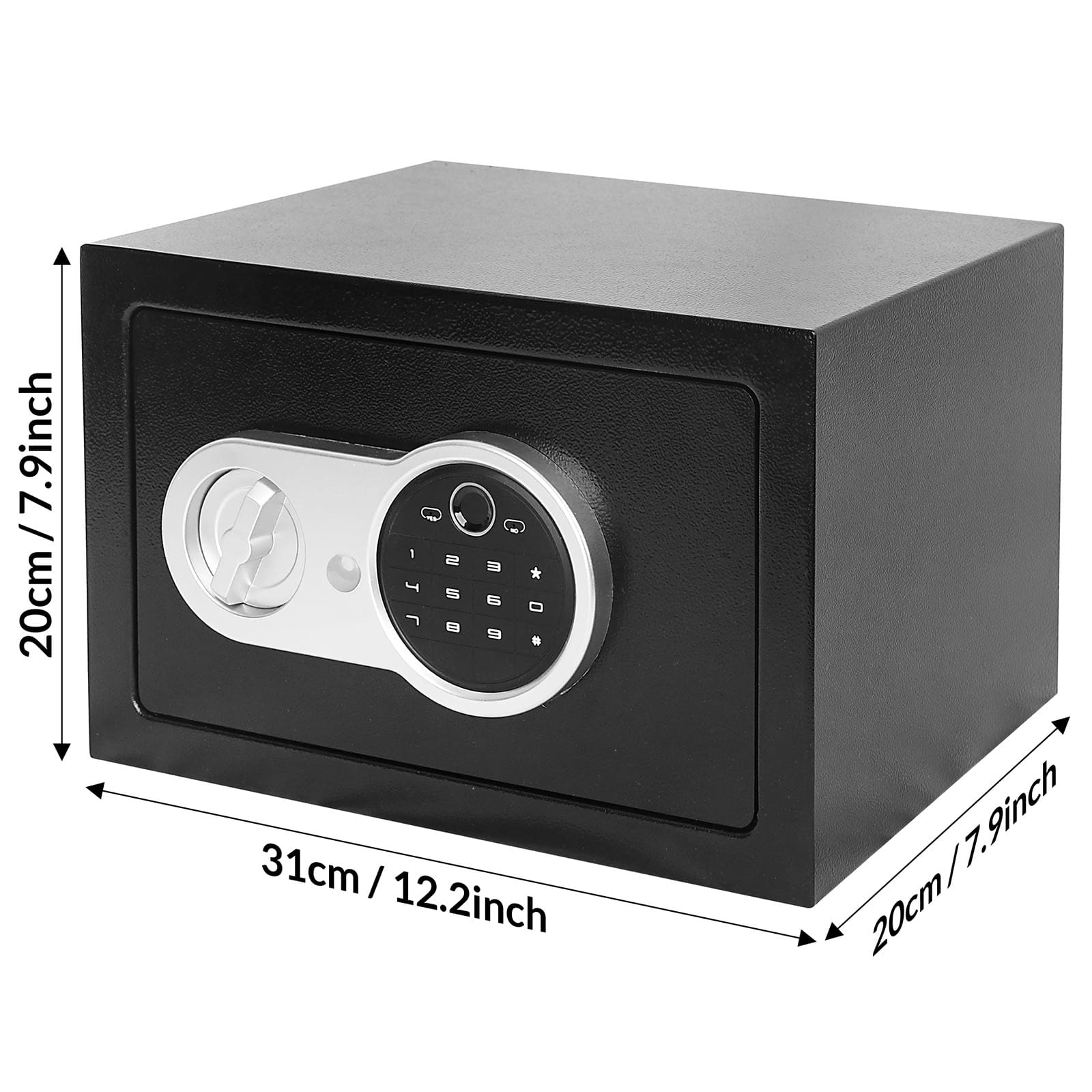 Caja fuerte negra con teclado digital y dial. Dimensiones 31x20x20cm.