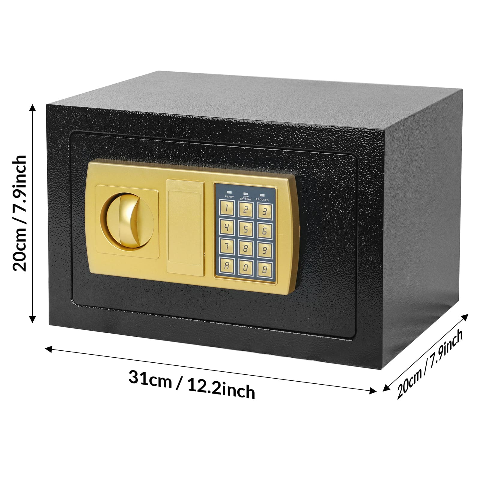 Una caja fuerte negra con pomo y teclado dorados. Se muestran las dimensiones.