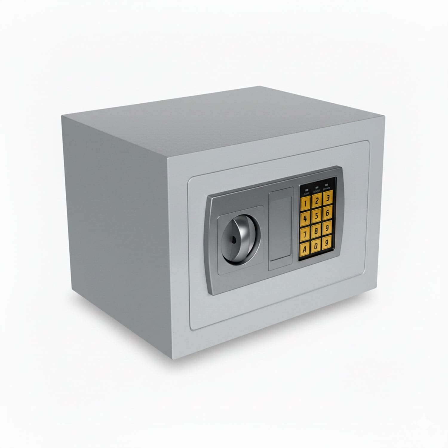 Una caja fuerte gris con teclado digital y dial en la parte frontal.