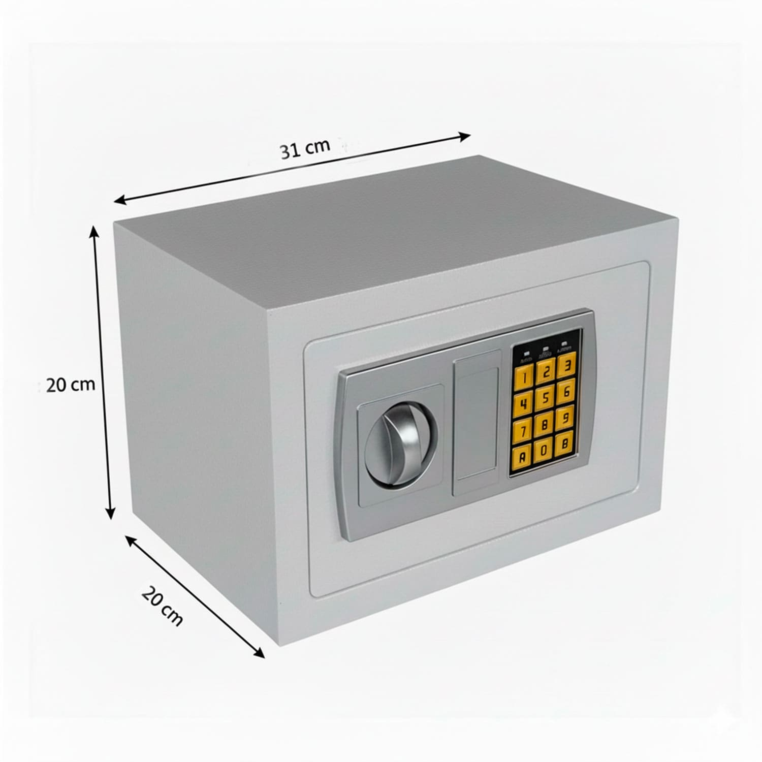 Una caja fuerte gris con teclado digital y dial. Dimensiones: 31x20x20cm.