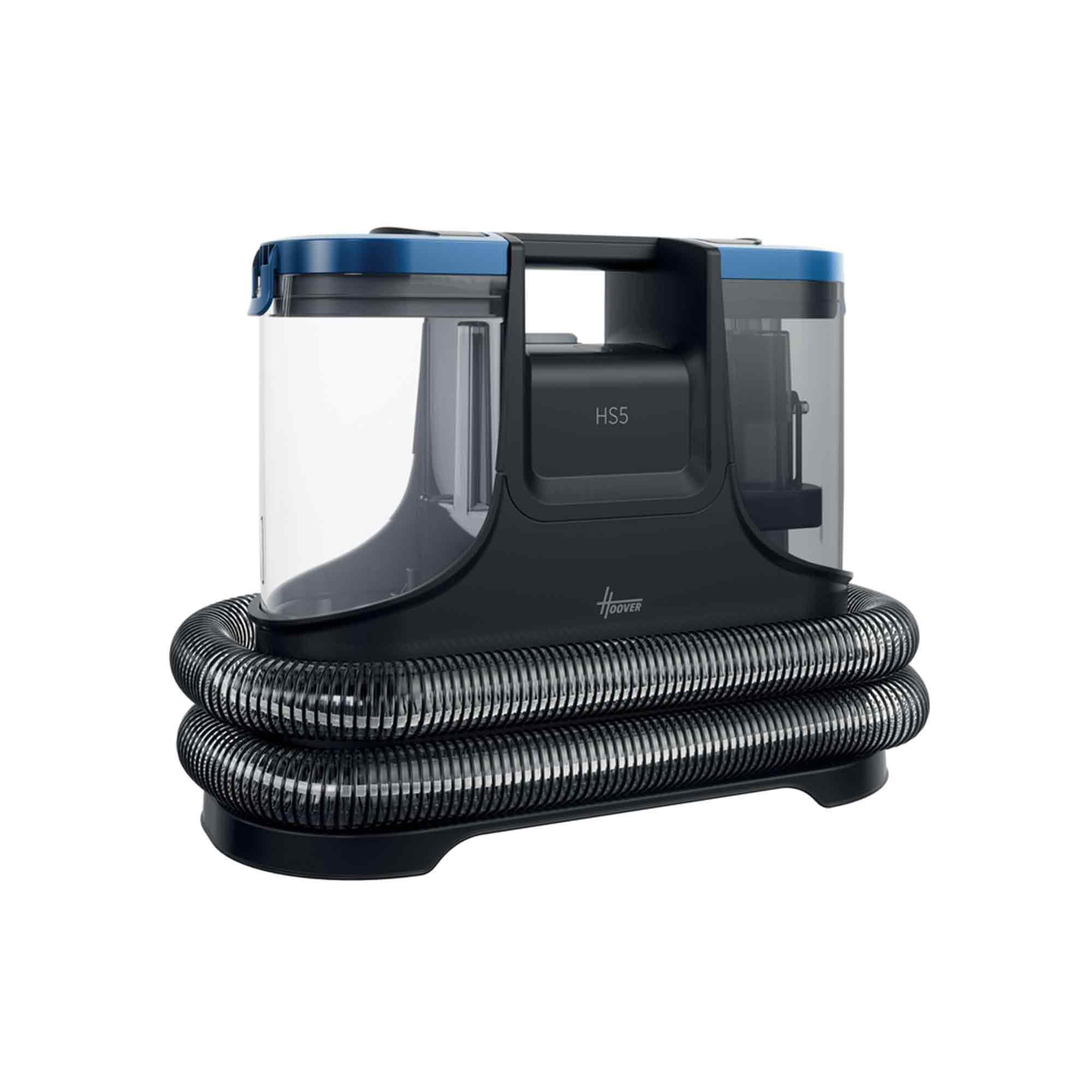 Hoover HS5 nero con coperchio blu e tubo a spirale.