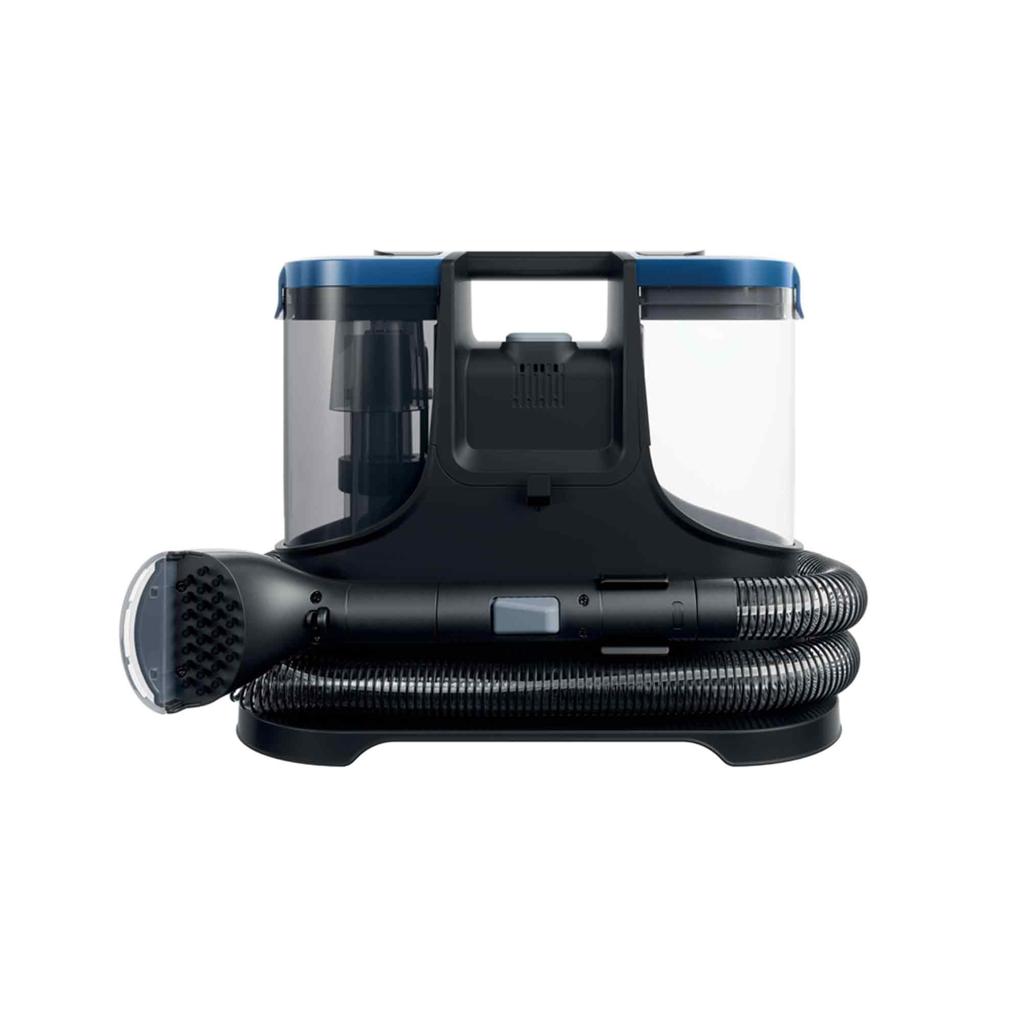 Aspirapolvere bagnato/asciutto nero e blu con tubo e spazzola.