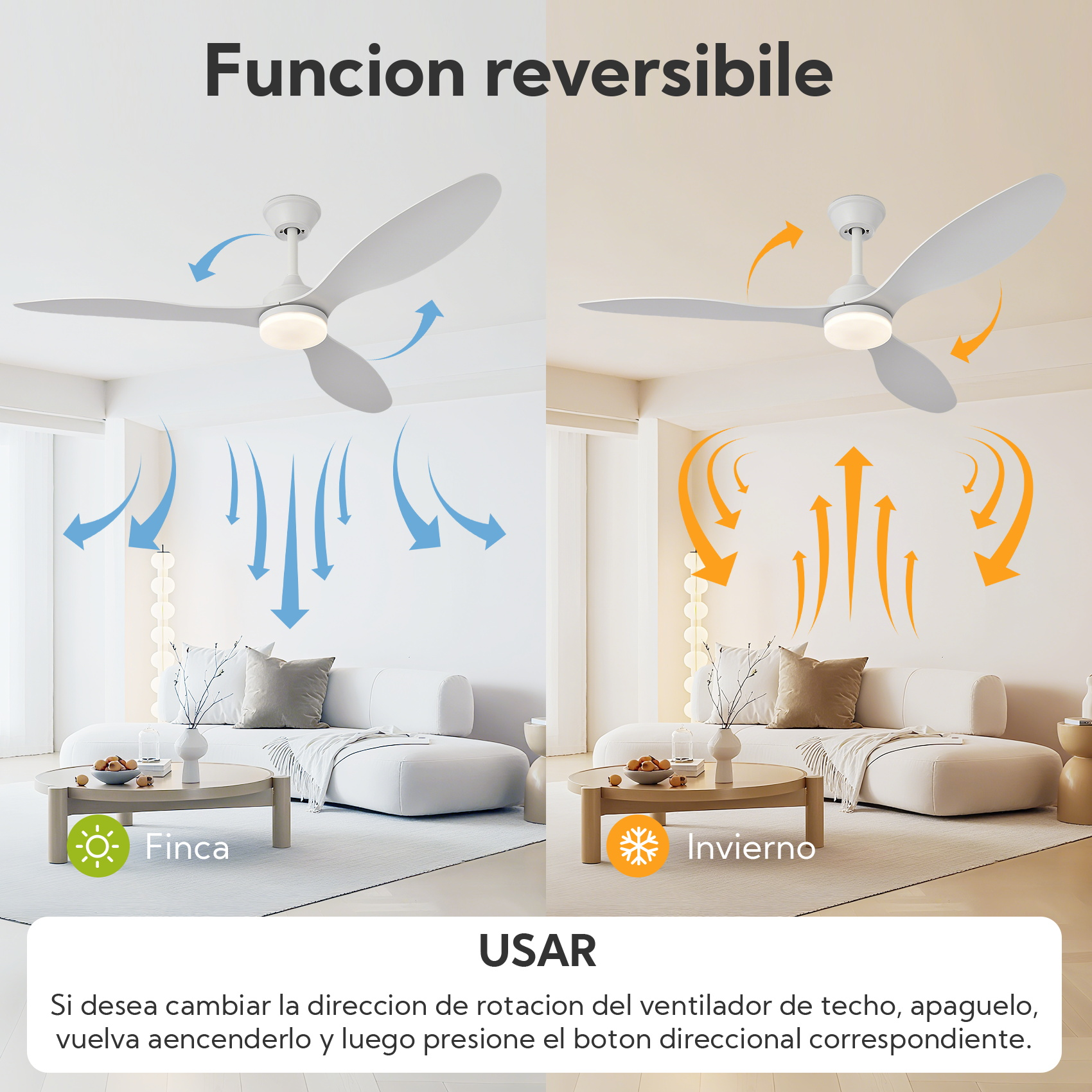 Ventilador de techo muestra modos verano e invierno con flechas de flujo.
