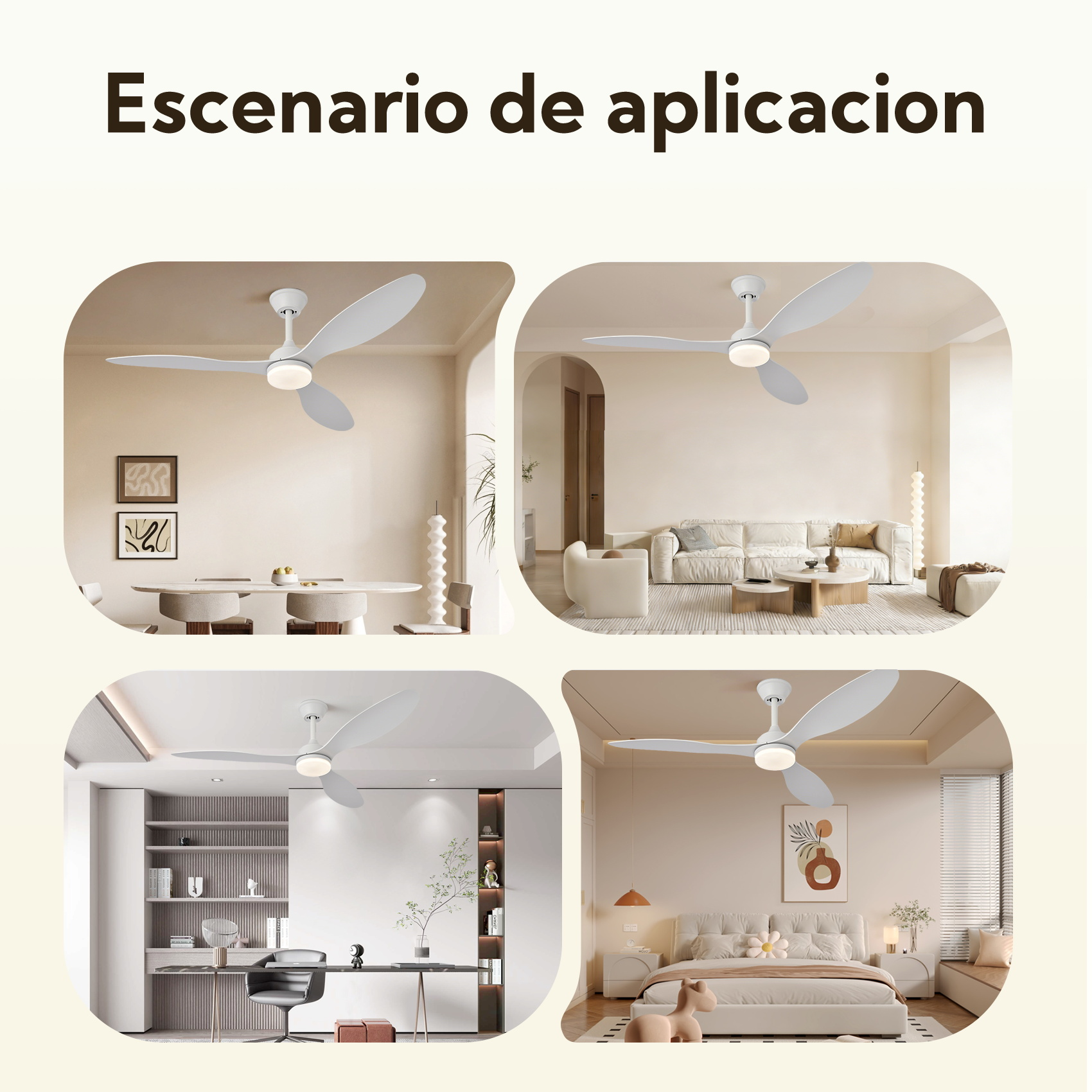 Ventiladores de techo blancos en cuatro espacios diferentes.