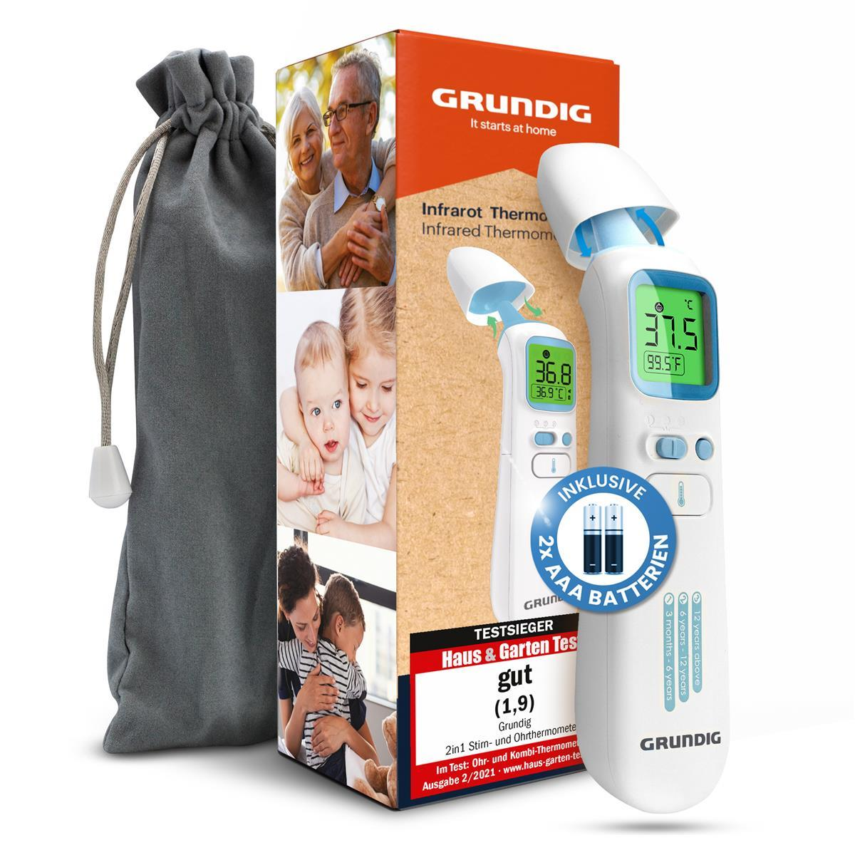 Ein Grundig Fieberthermometer mit Zubehör und Verpackung. Zeigt 37,5°C an.
