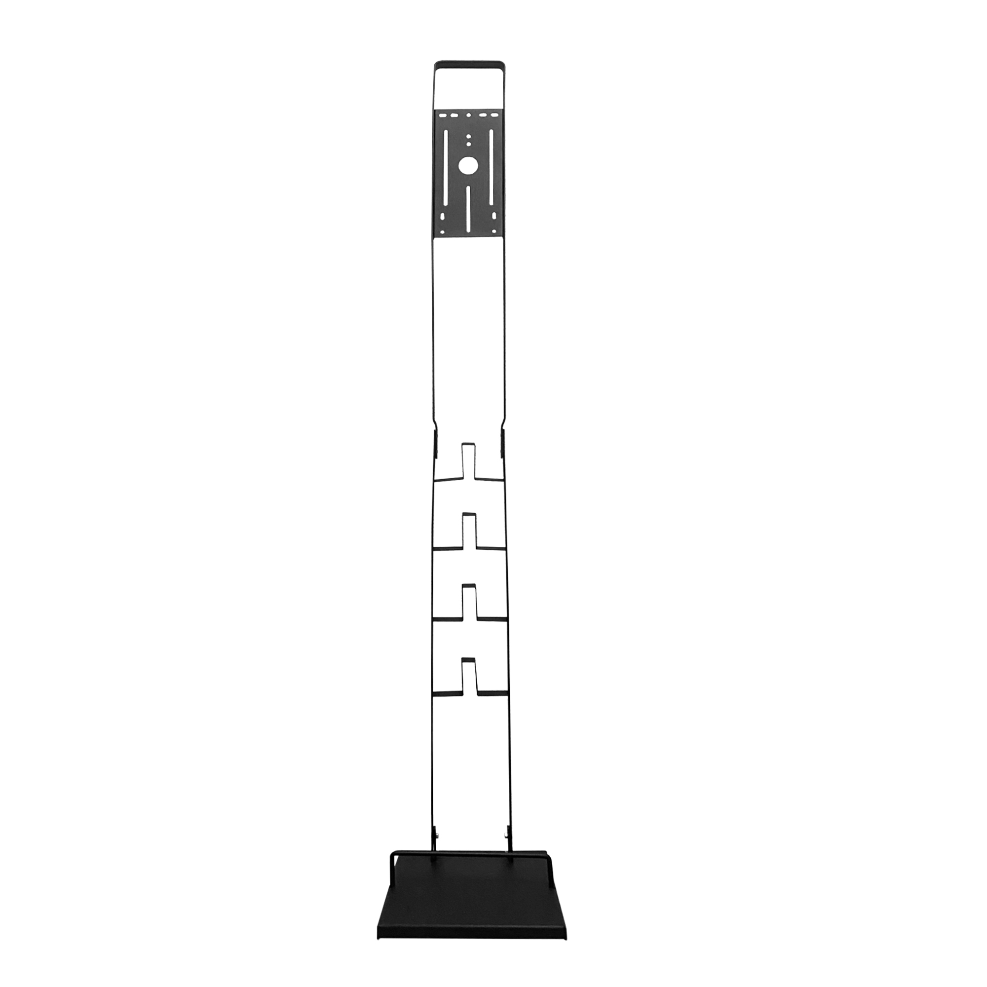 Un soporte negro y vertical con base plana y varios soportes horizontales.