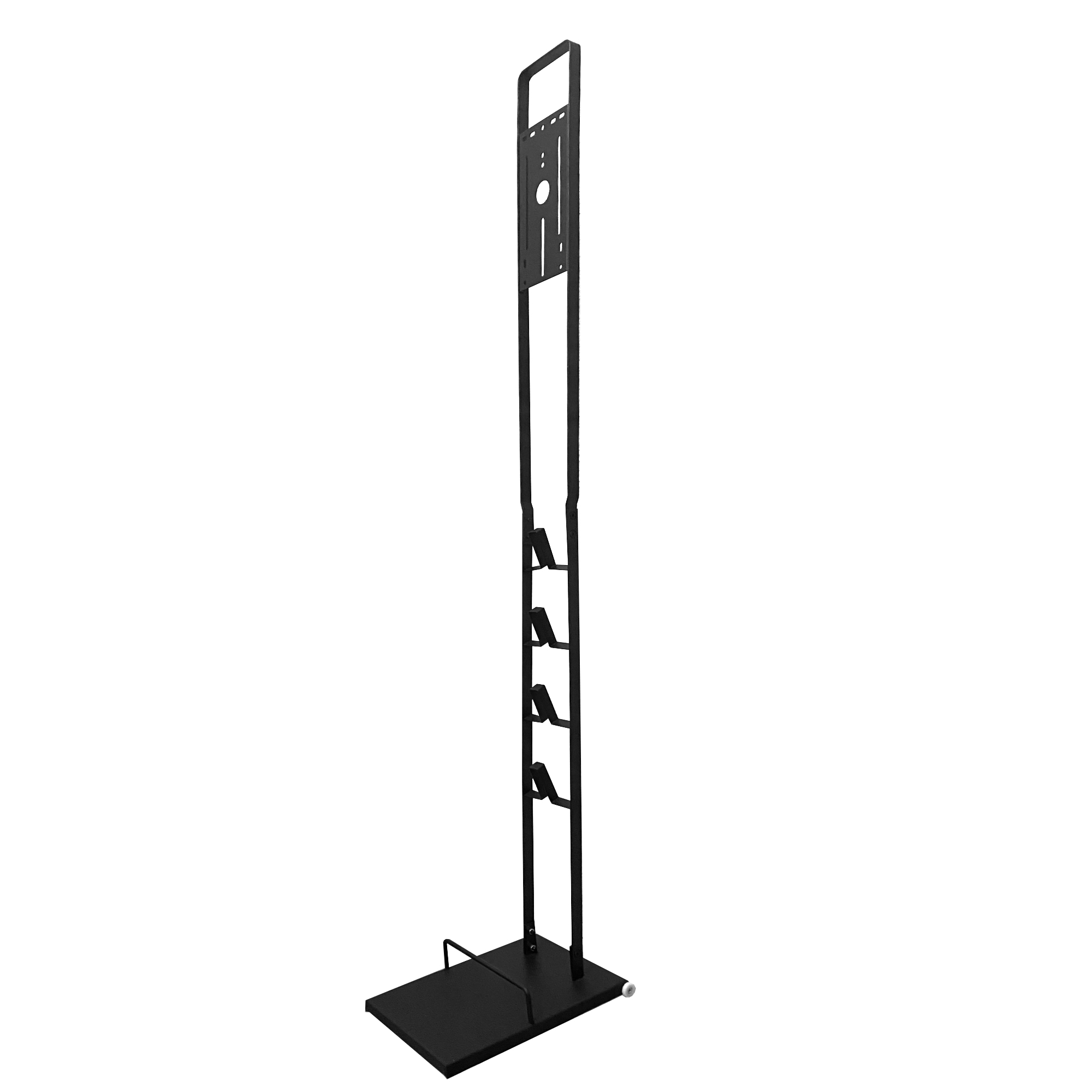 Un soporte metálico negro con base rectangular y soporte superior.