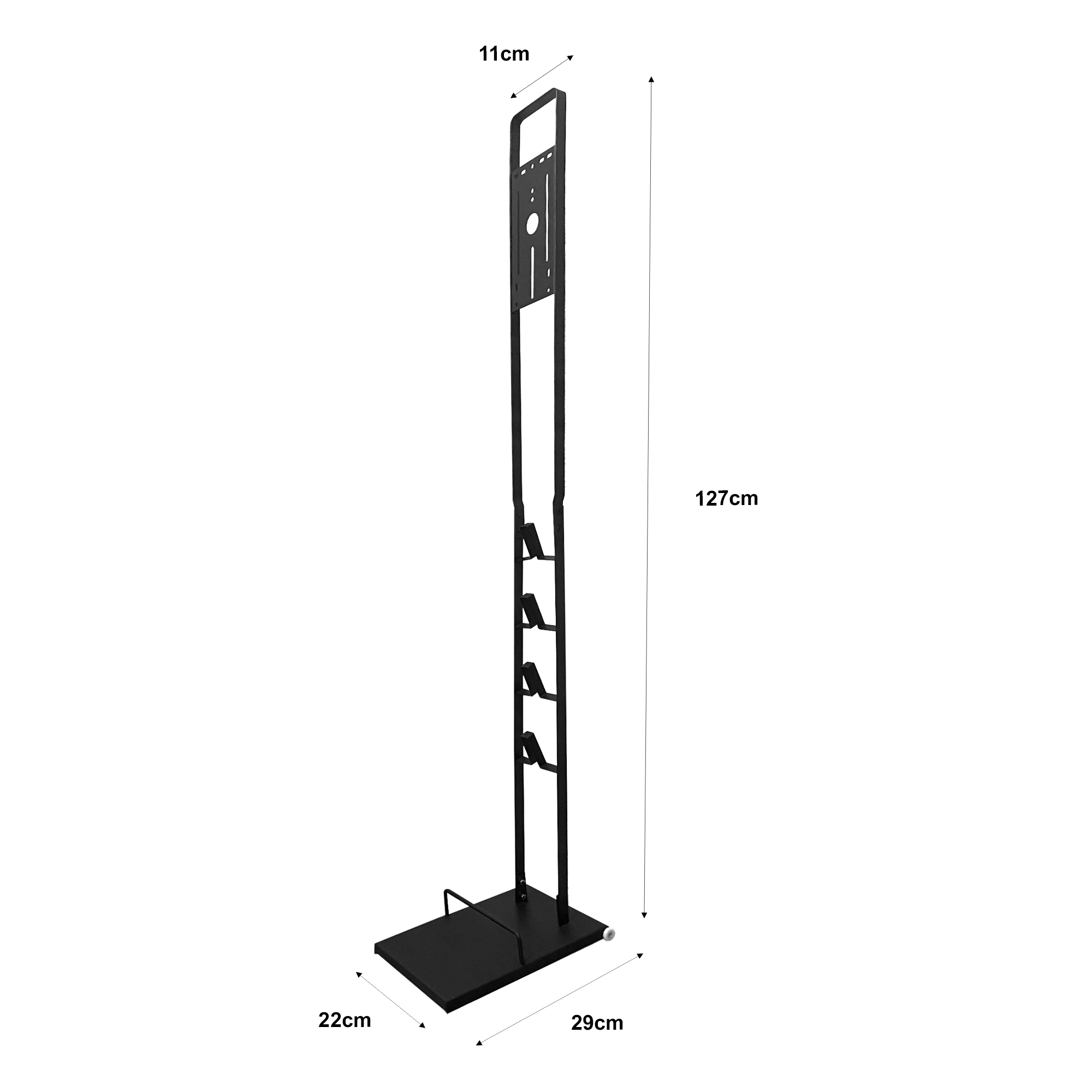 Un soporte metálico negro con base rectangular y eje alto.