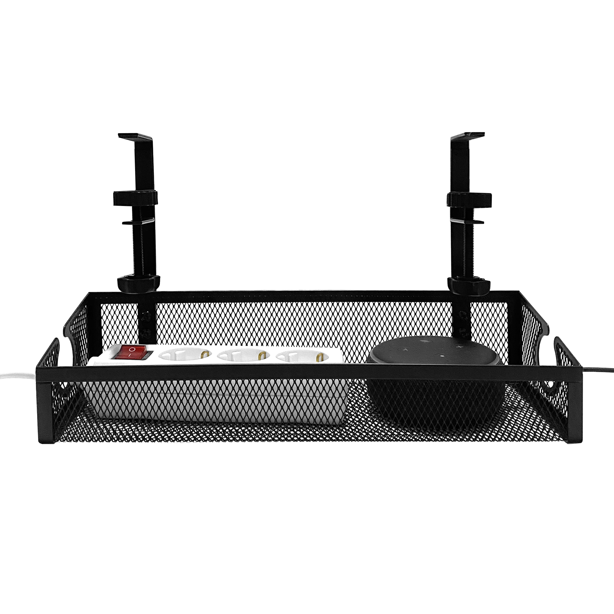 Cesta de malla negra con abrazaderas, regleta y dispositivo redondo negro.