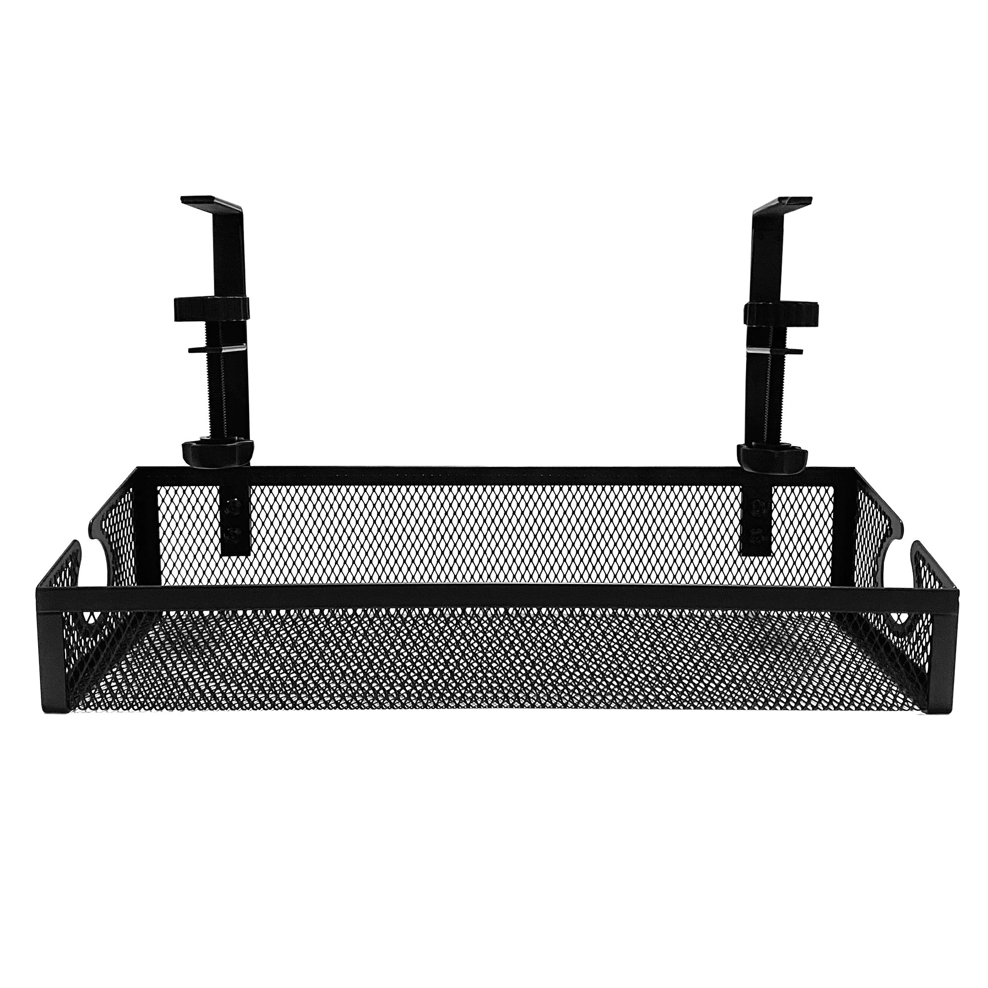 Una cesta de malla negra con abrazaderas ajustables para su fijación.