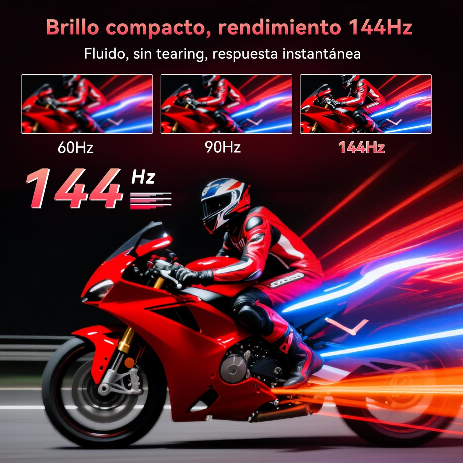 Una motocicleta roja corre a 144Hz por una carretera, con rayas de luz.