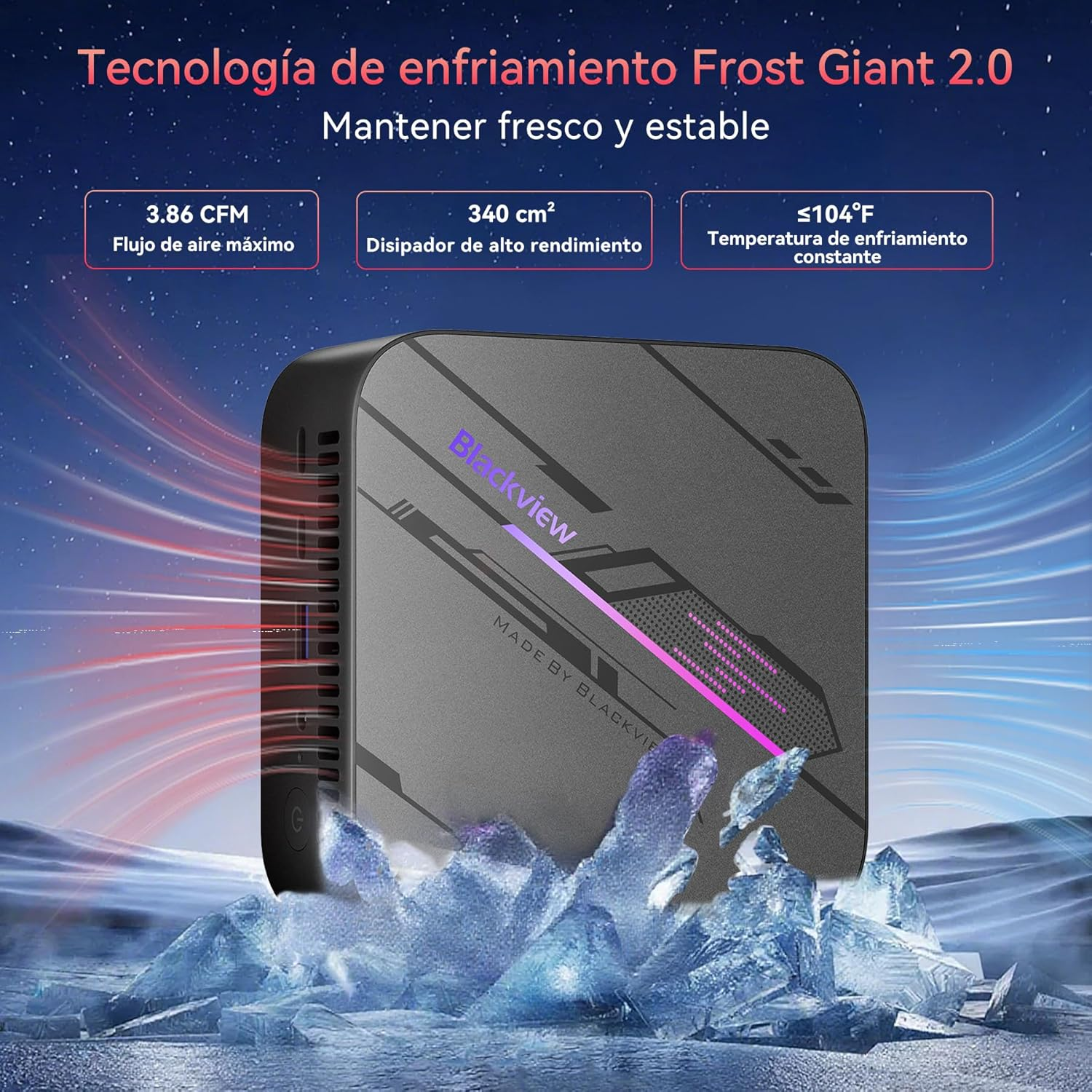Un dispositivo negro Blackview sobre hielo, con especificaciones y cielo estrellado.