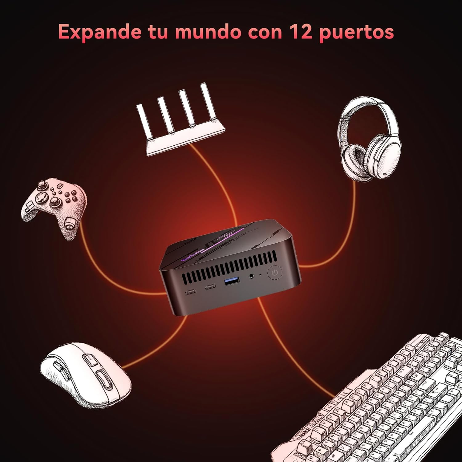 Una computadora pequeña rodeada de periféricos como ratón, teclado, auriculares y control.