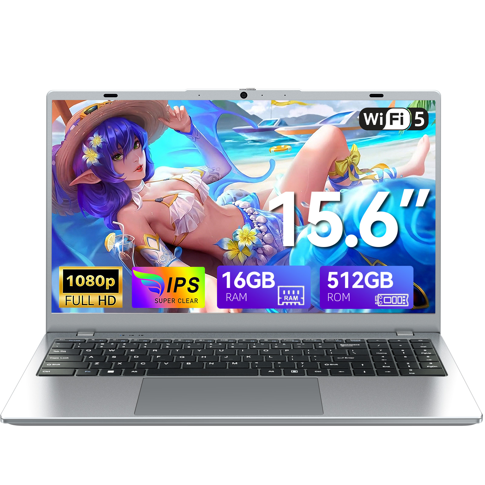 Laptop mit Anime-Figur auf dem Bildschirm, 15,6 Zoll, 1080p, IPS, 16 GB RAM, 512 GB ROM.