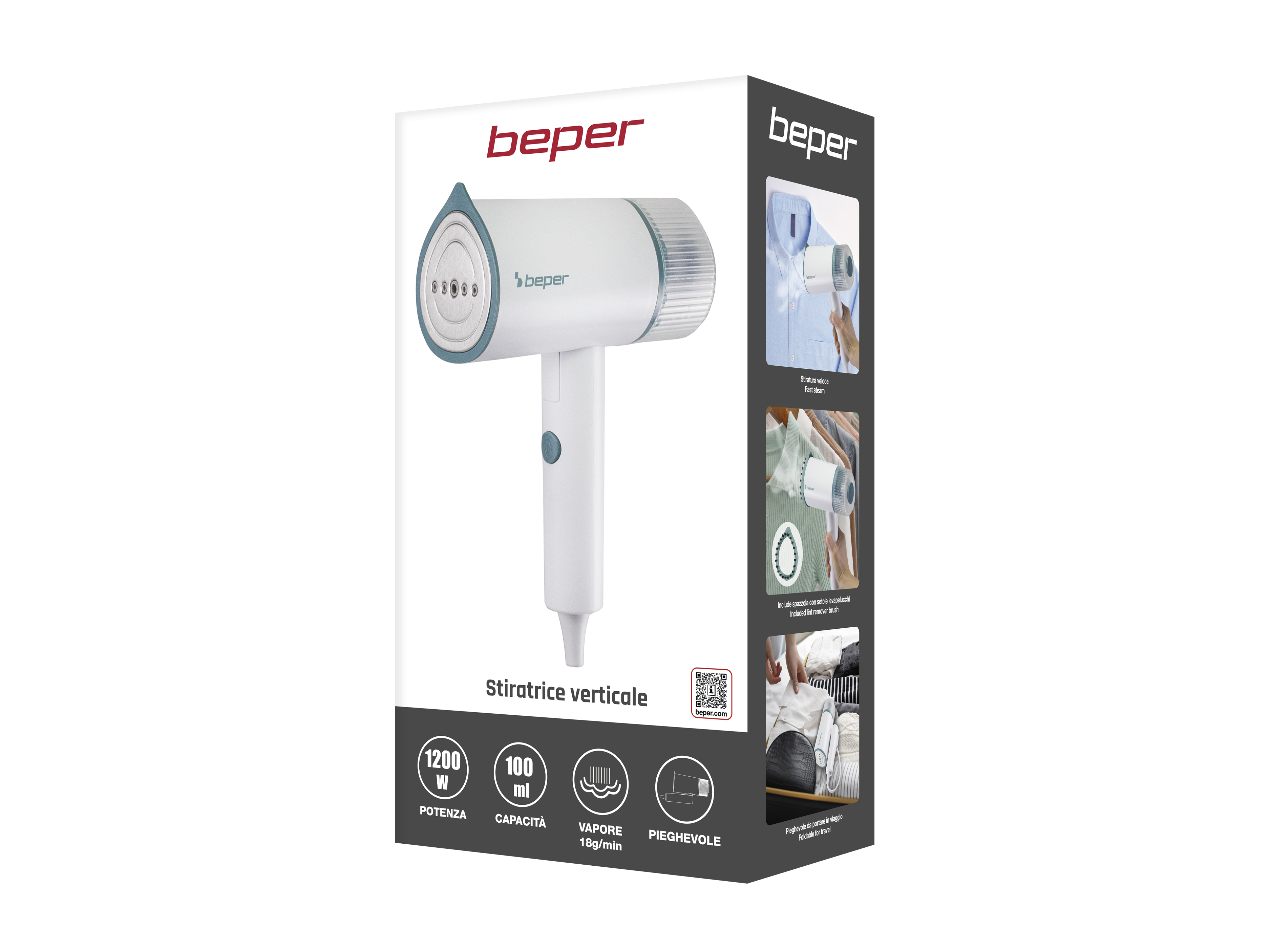 Un vaporizzatore manuale Beper bianco con accenti turchesi sulla confezione.