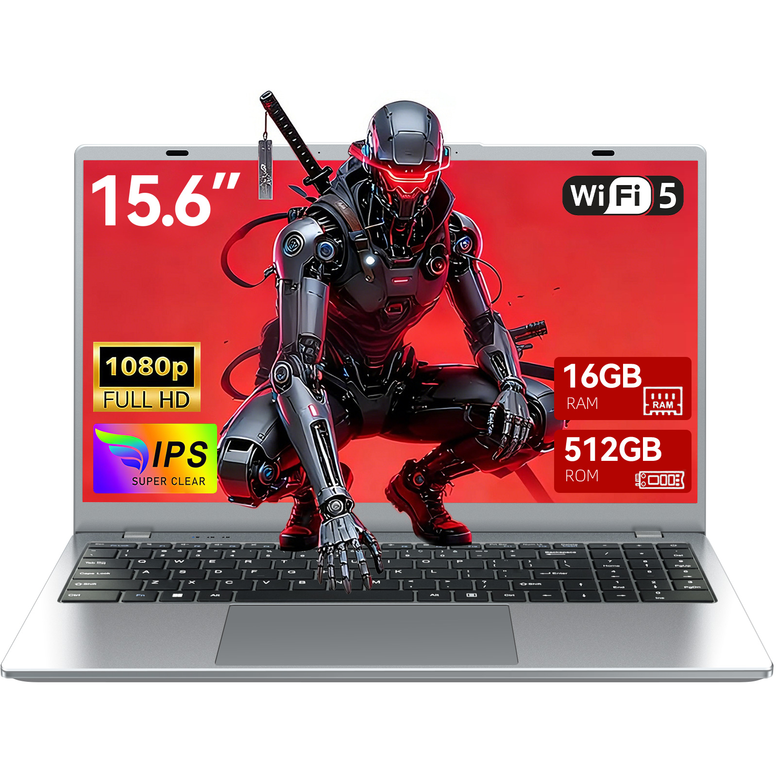 Silberner Laptop mit 15,6-Zoll-Display, Cyberpunk-Roboter-Hintergrund, 16GB RAM, 512GB ROM.