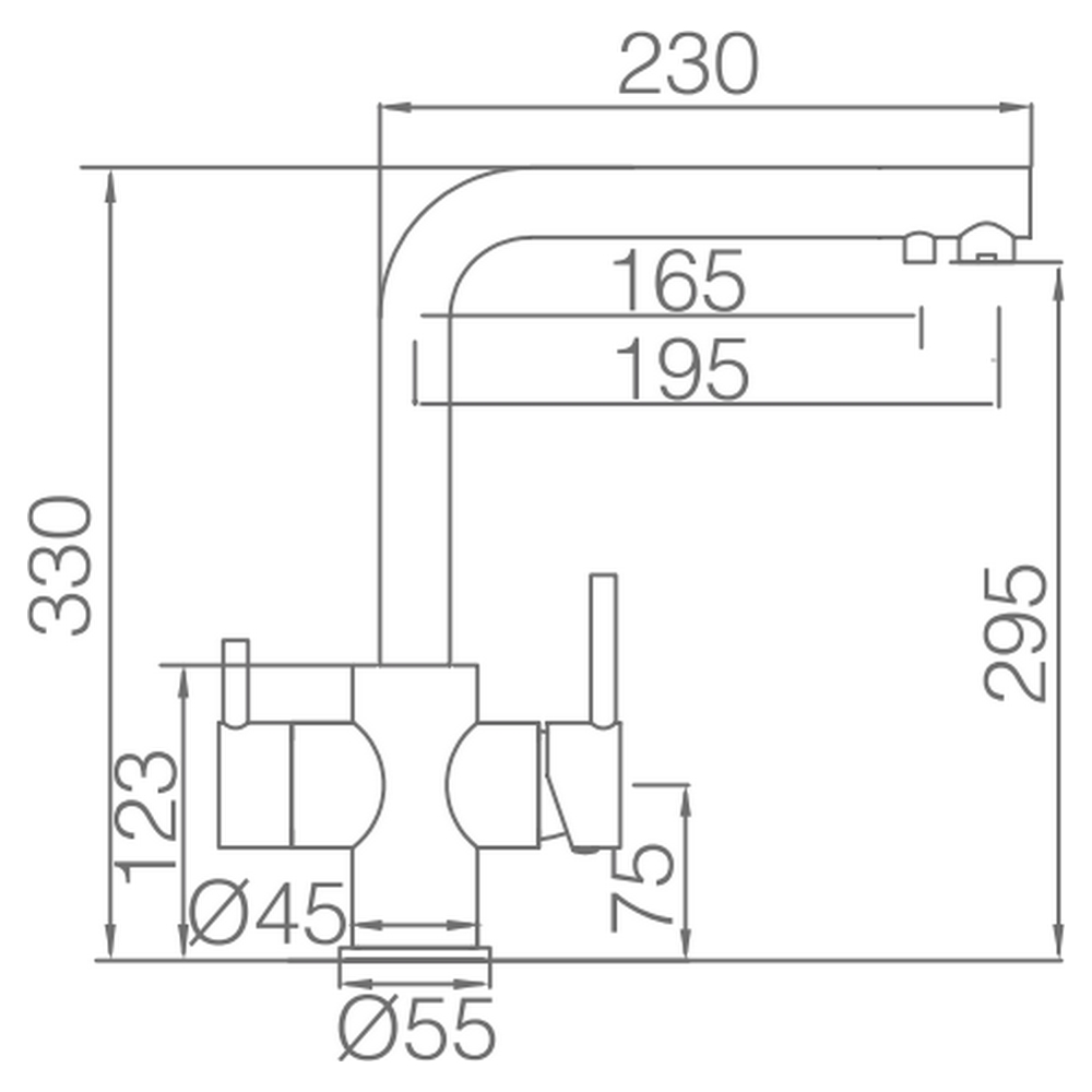 Disegno tecnico di un rubinetto con dimensioni 330x230mm e diametri 45mm e 55mm.