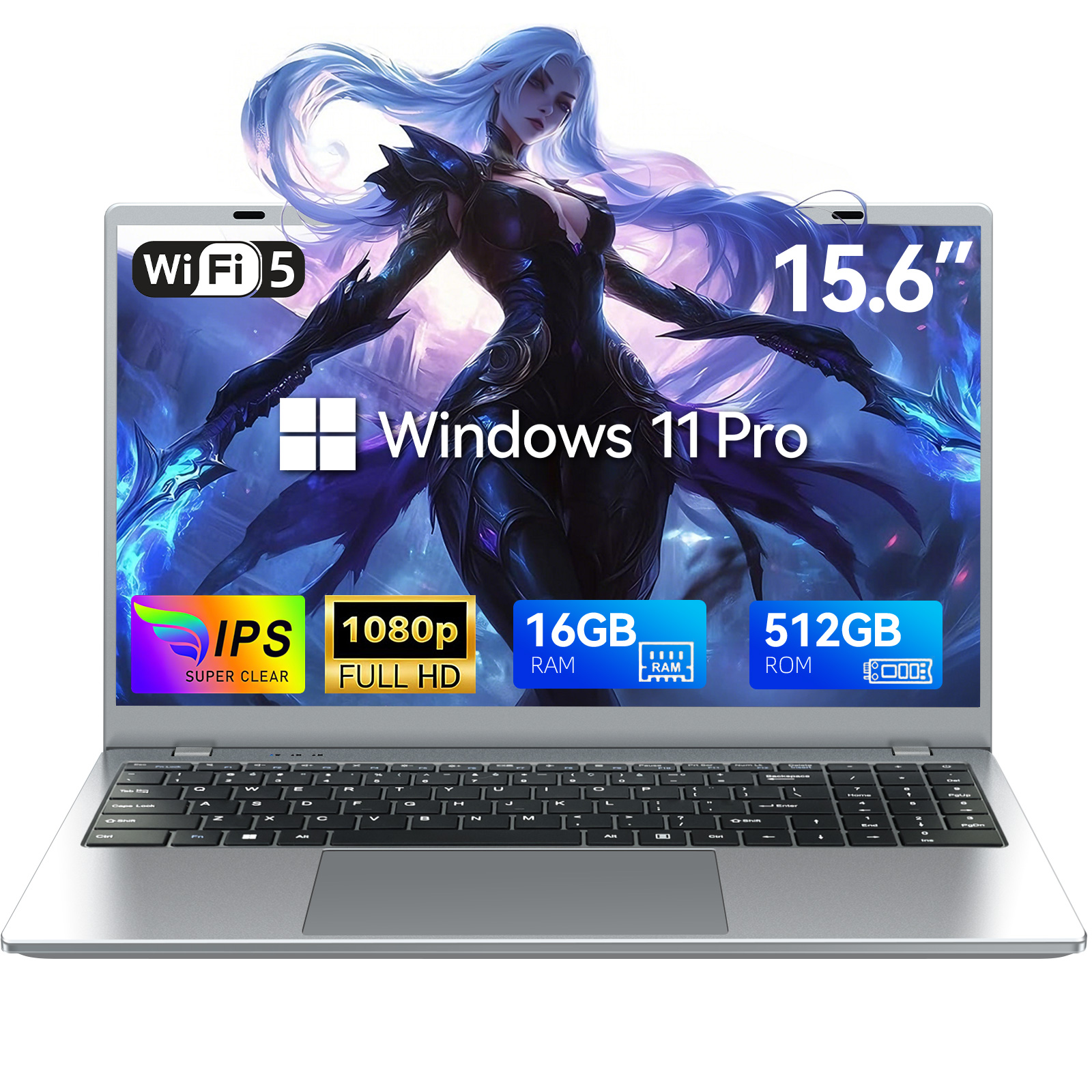 Ein Laptop mit 15,6-Zoll-Display, Windows 11 Pro und Gaming-Hintergrund.