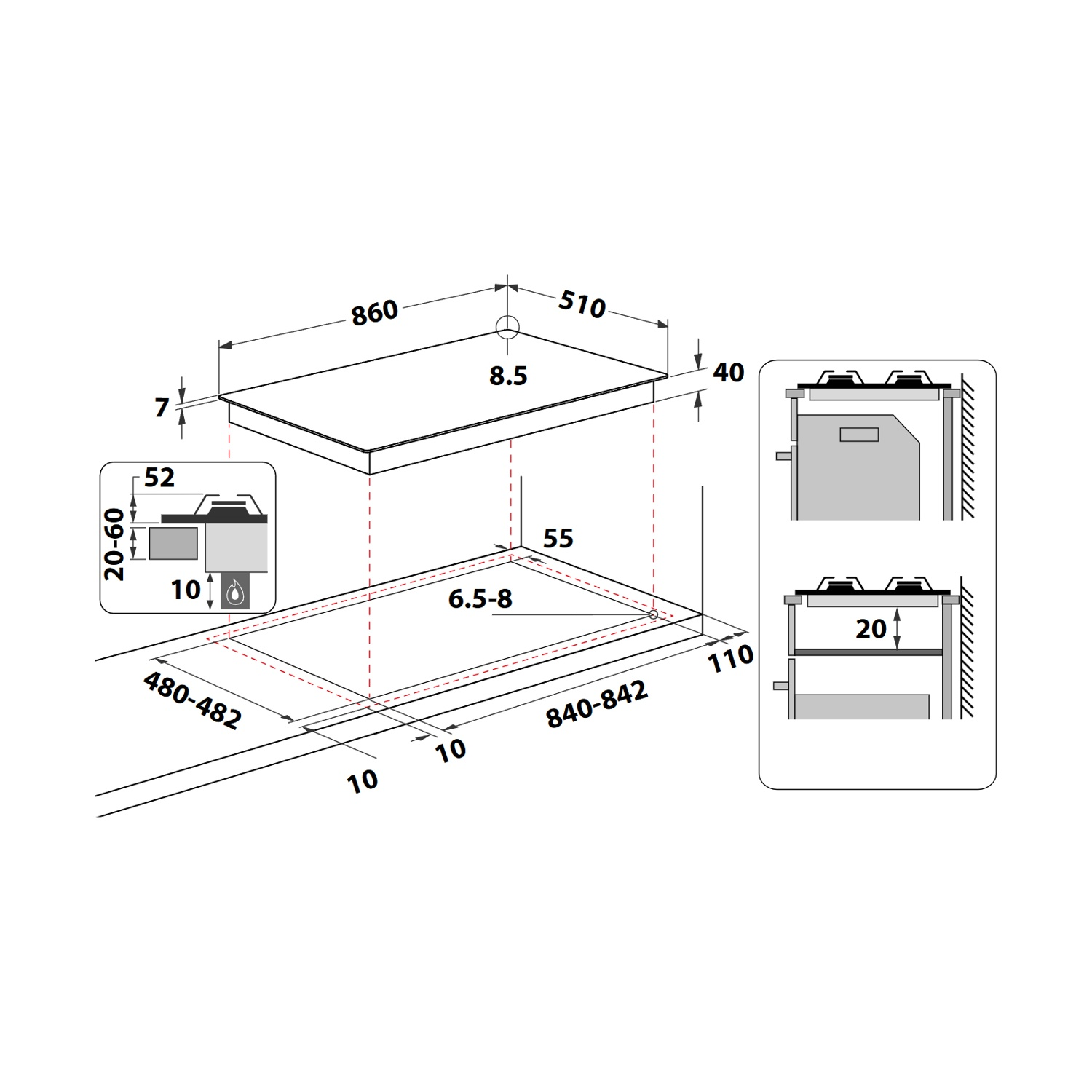 Dibujo técnico de una placa de cocina con dimensiones y detalles.